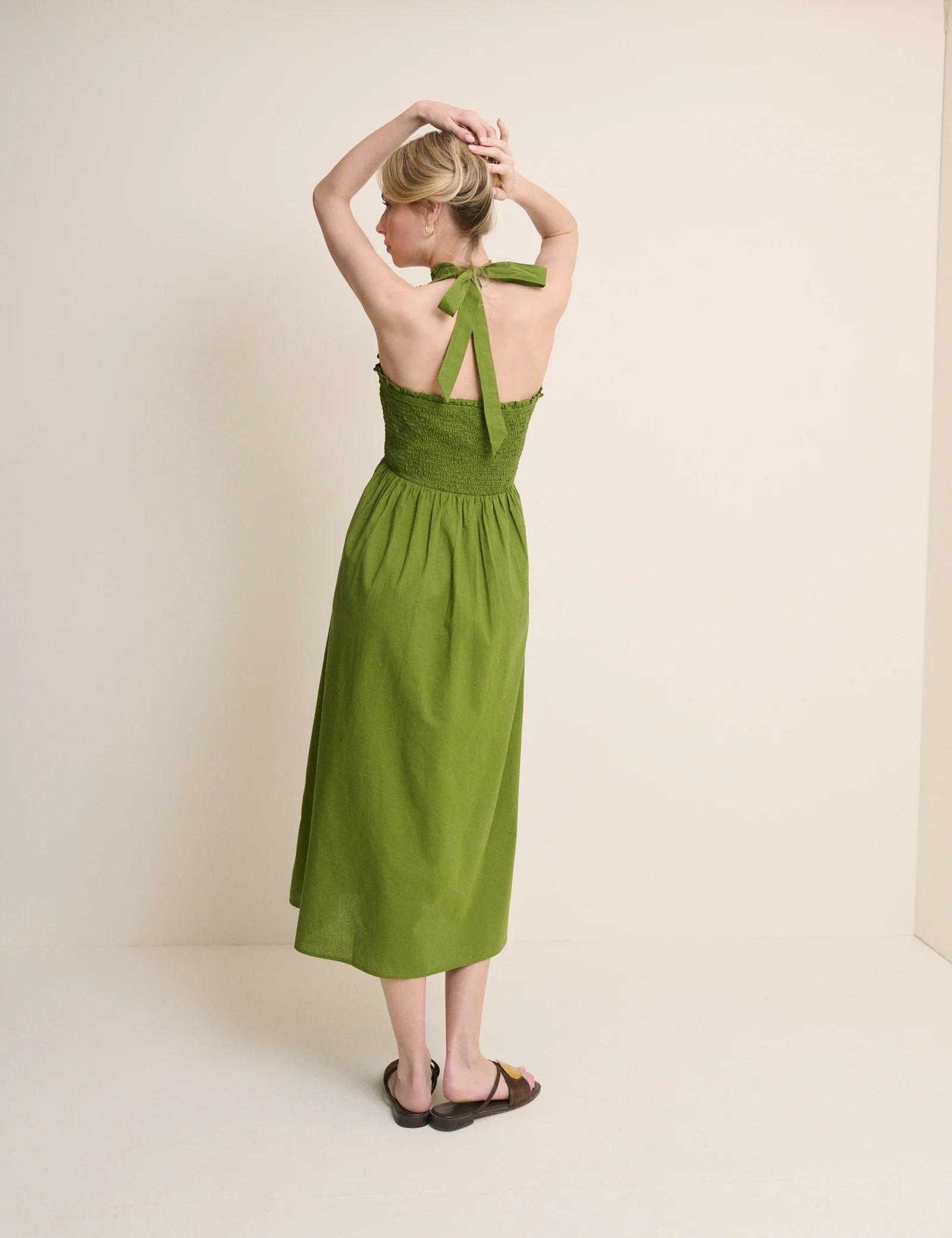 Green Shirred Halterneck Caterina Midi Dress - Image 5