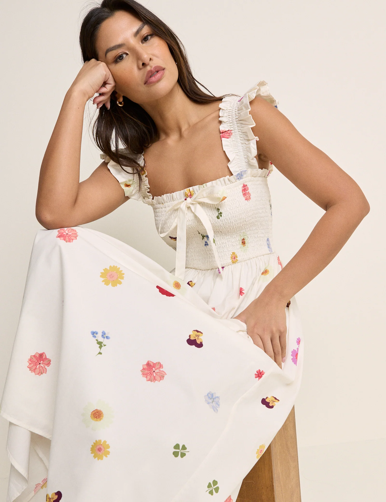 White Floral Shirred Christina Midi Dress - Image 2
