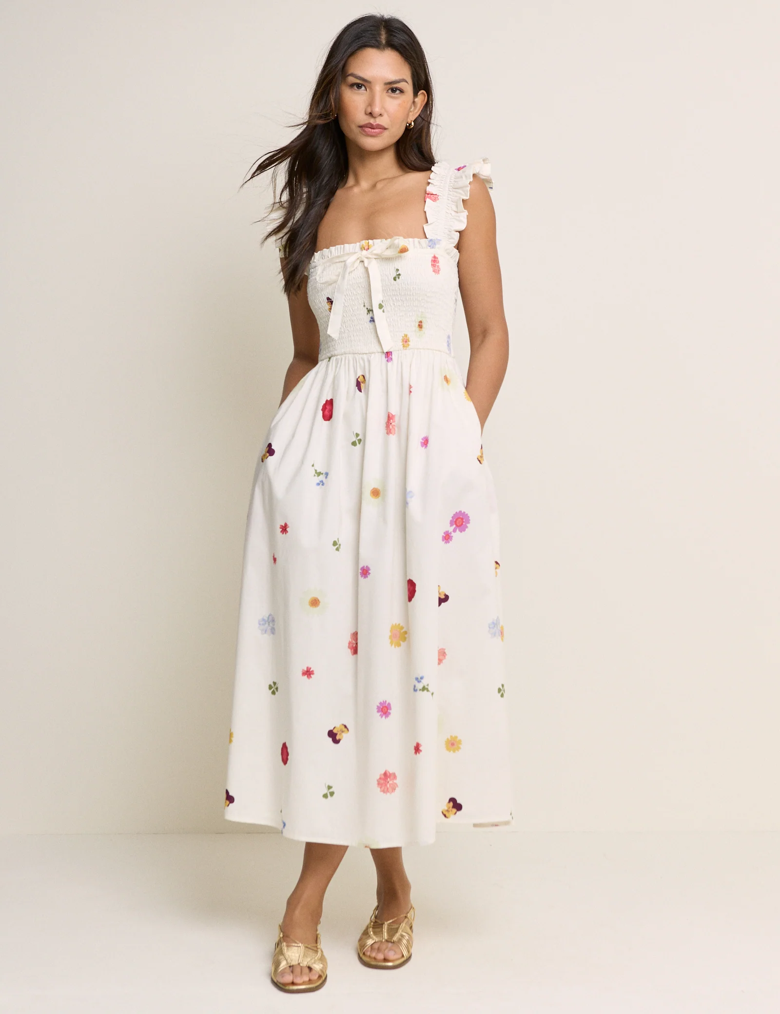 White Floral Shirred Christina Midi Dress - Image 3