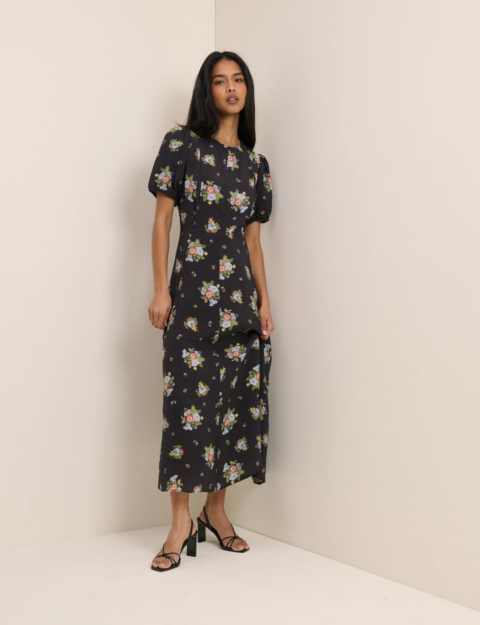 Black Floral Puff Sleeve Claudine Midi Dress