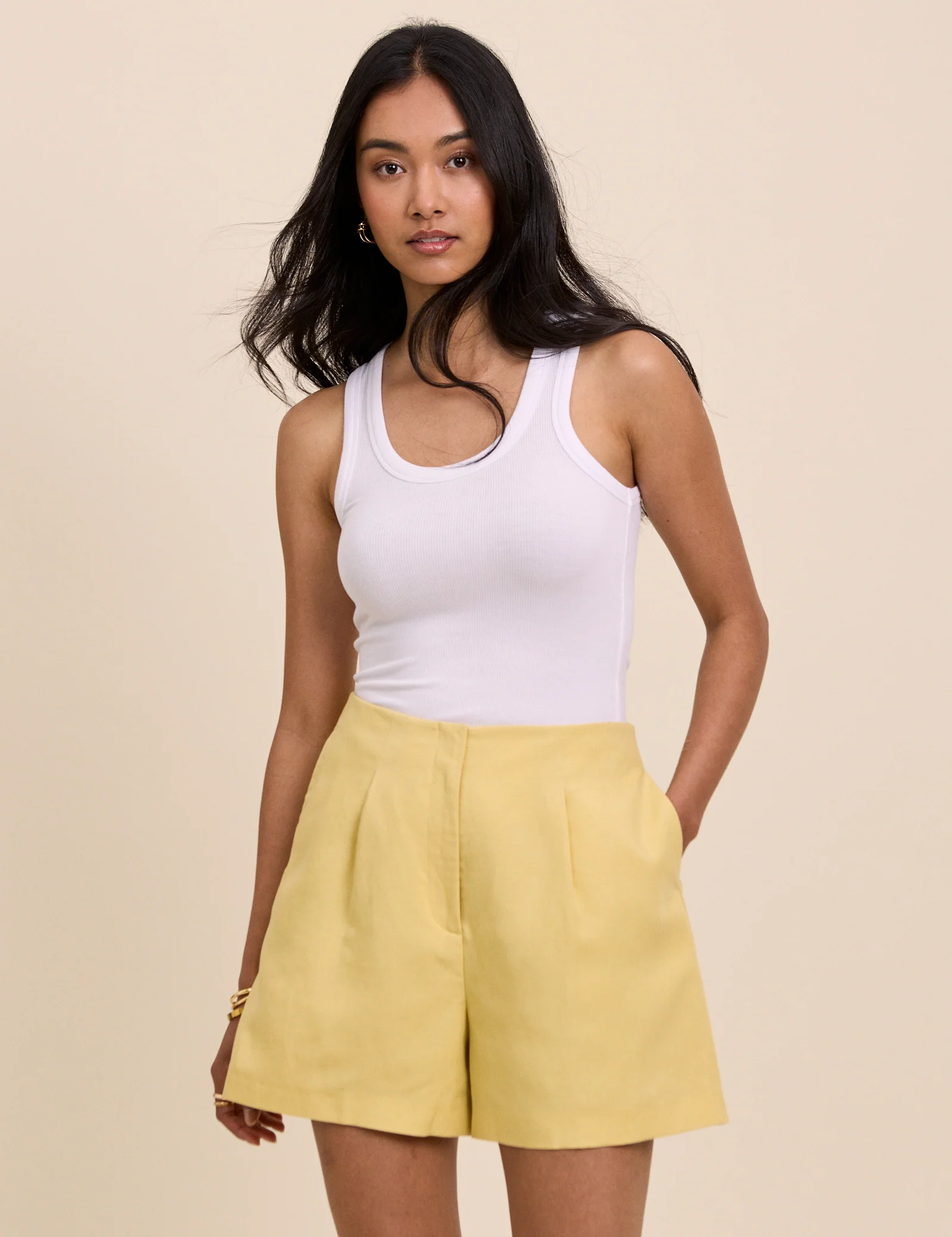 Yellow Linen-Blend Tailored Shorts - Image 2