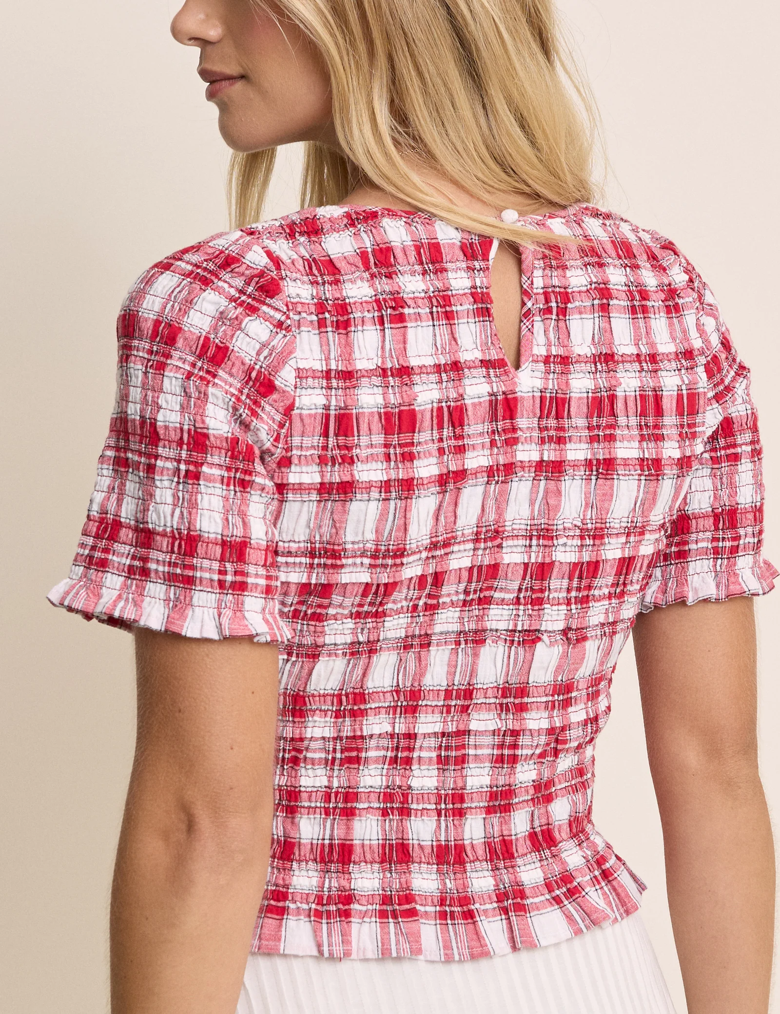 Red Check Shirred Frill Trim Top - Image 5