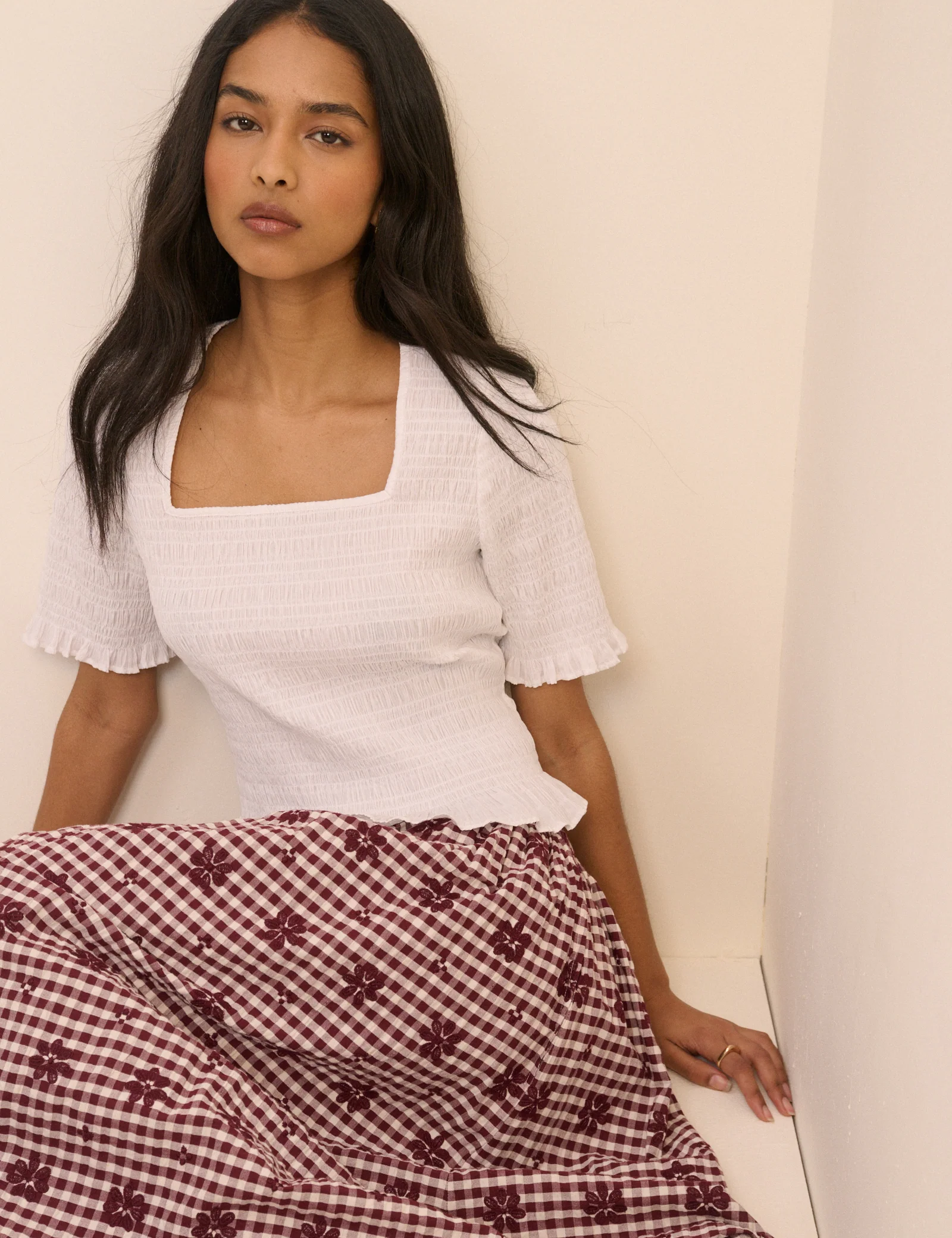 White Shirred Frill Trim Top - Image 4