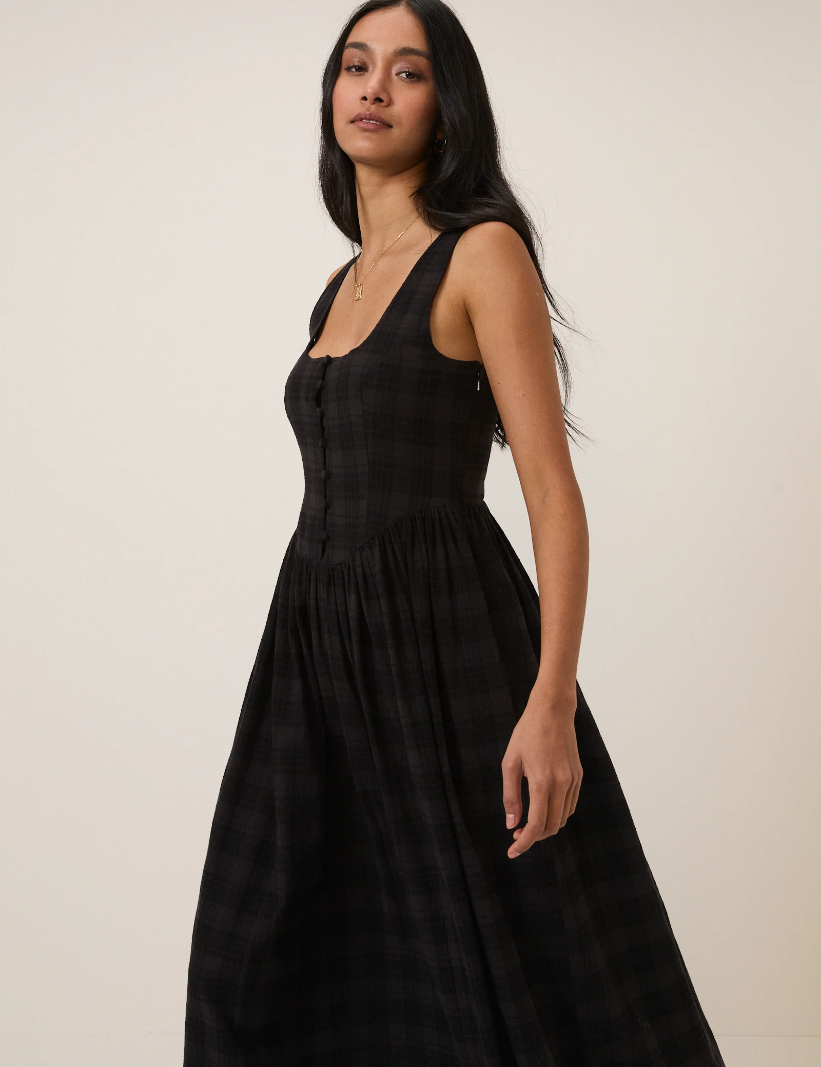 Black Check Linen-Blend Cora Midi Dress - Image 3