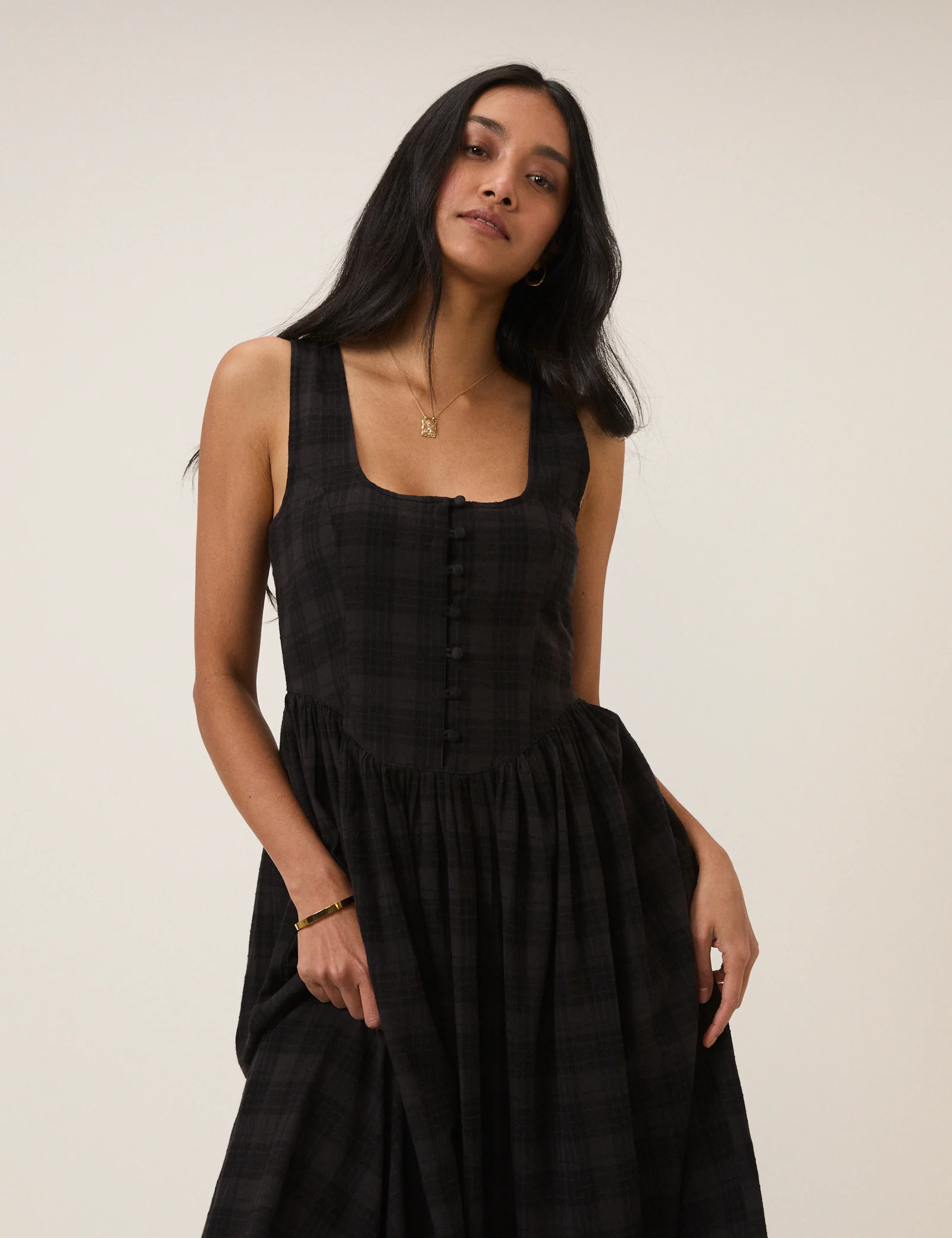 Black Check Linen-Blend Cora Midi Dress - Image 4