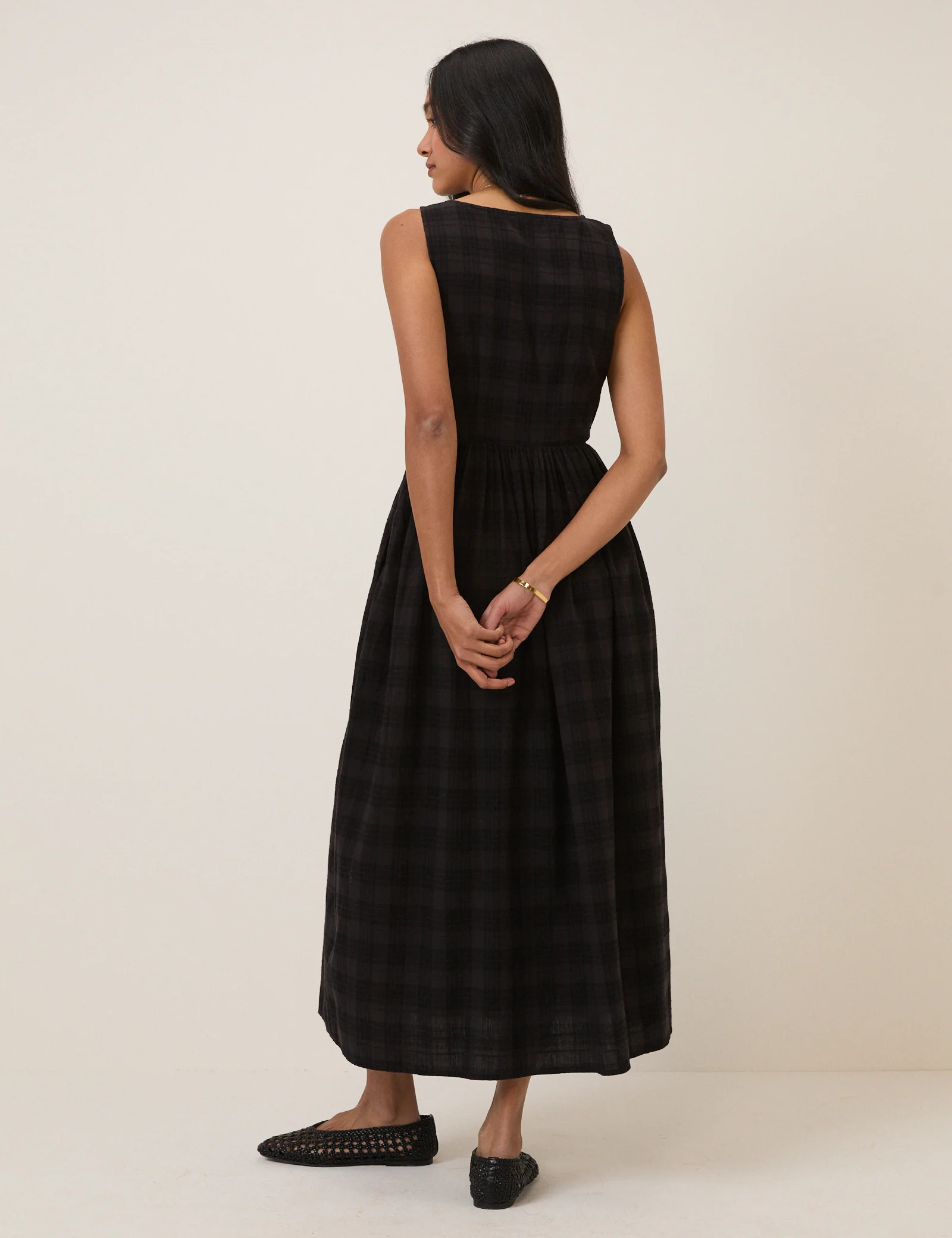 Black Check Linen-Blend Cora Midi Dress - Image 5