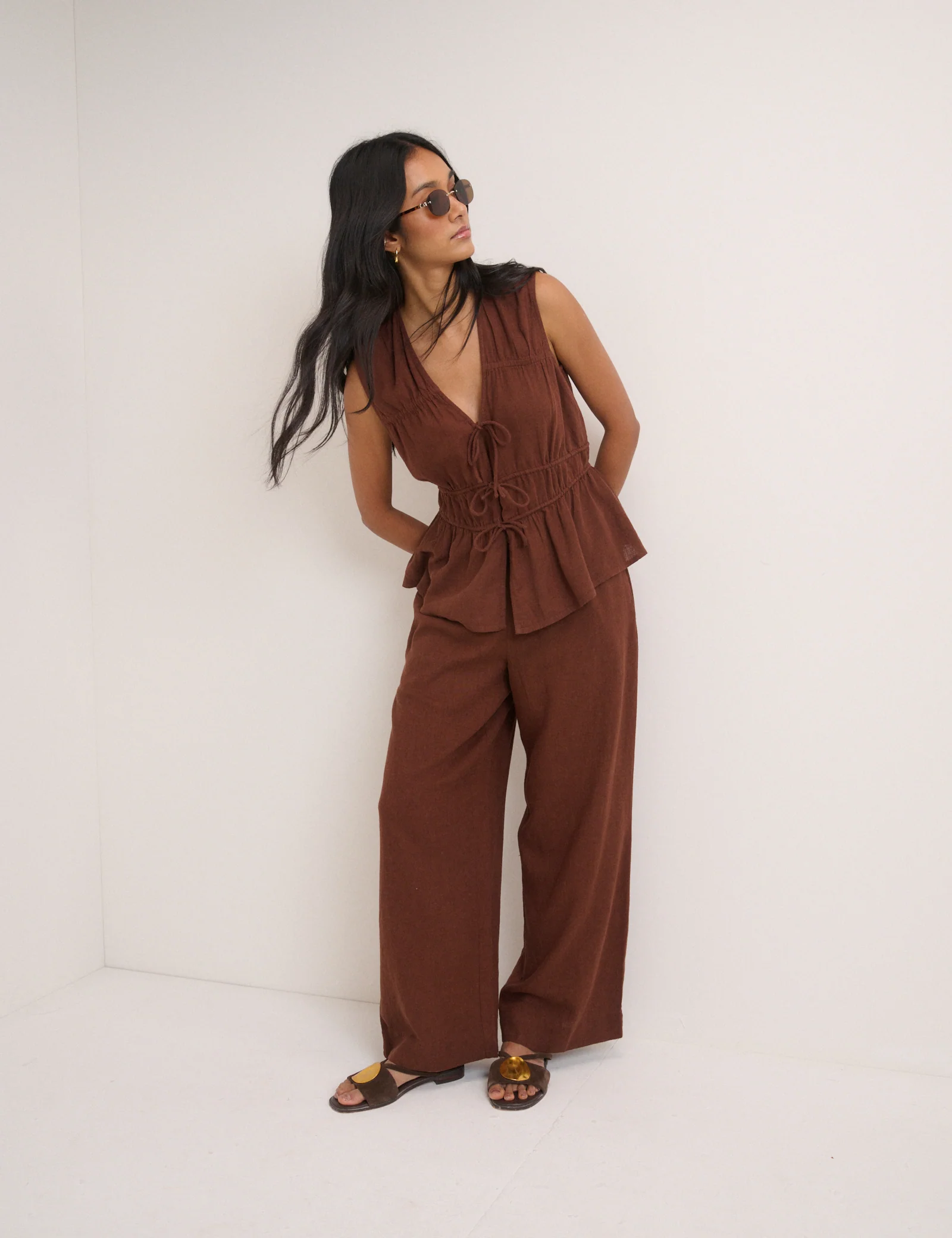 Brown Cordie Ruched Tie Front Linen-Blend Top - Image 5