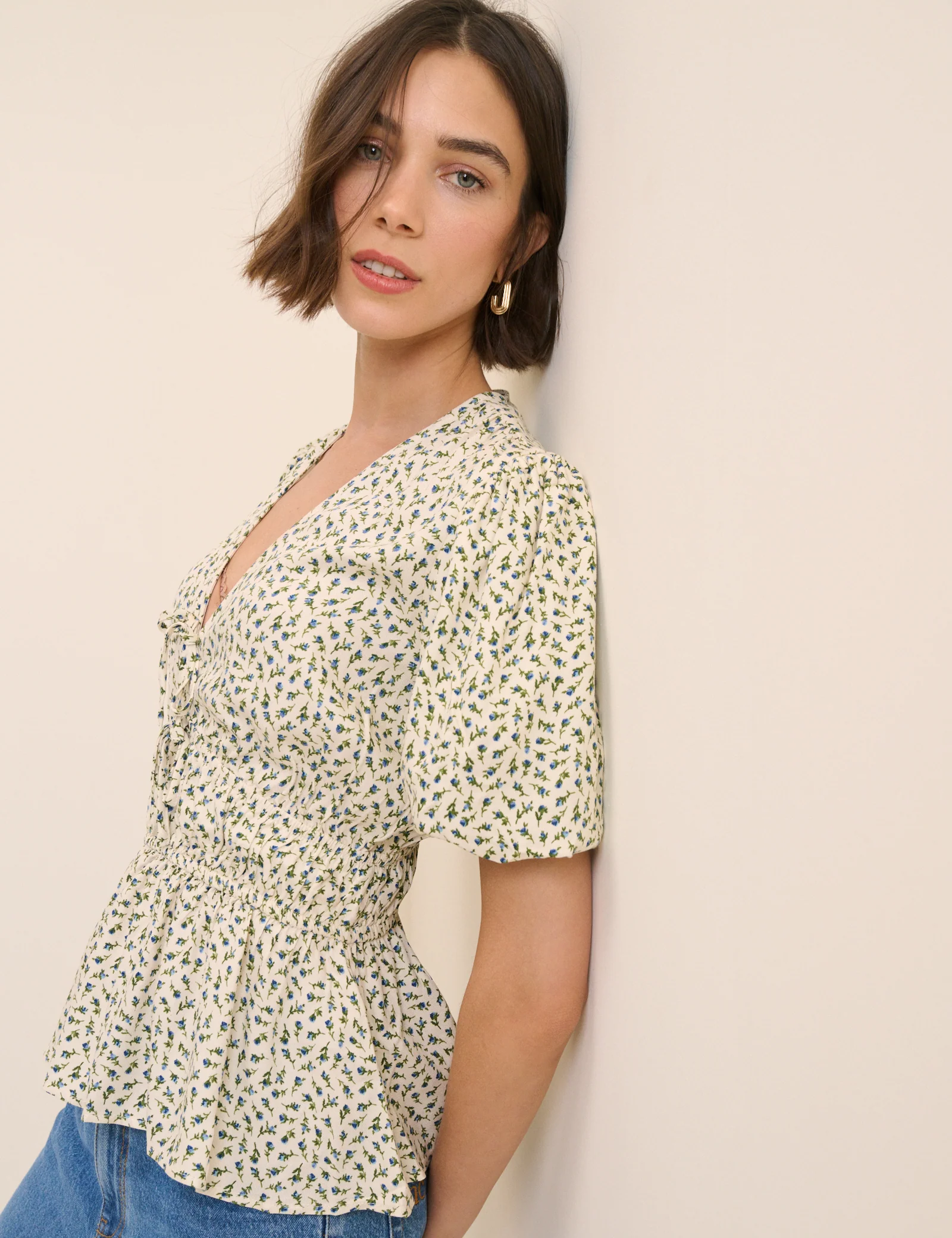 Cream Ditsy Floral V-Neck Blouse - Image 3