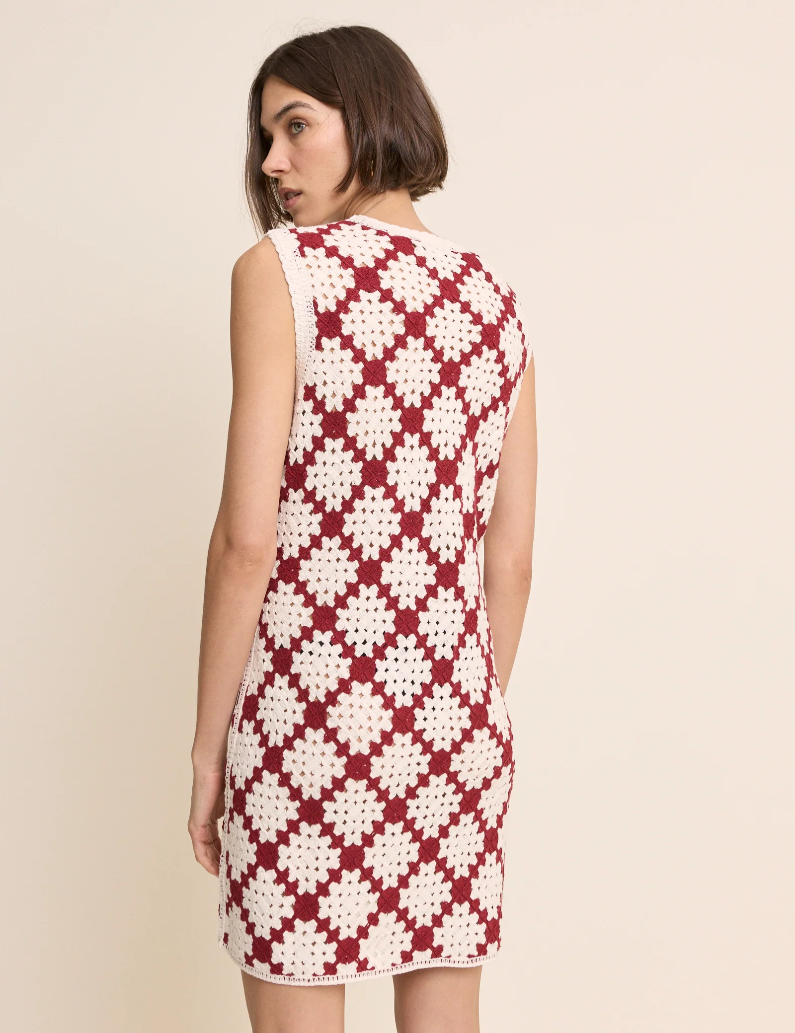 Red and White Crochet Button Through Mini Dress - Image 6