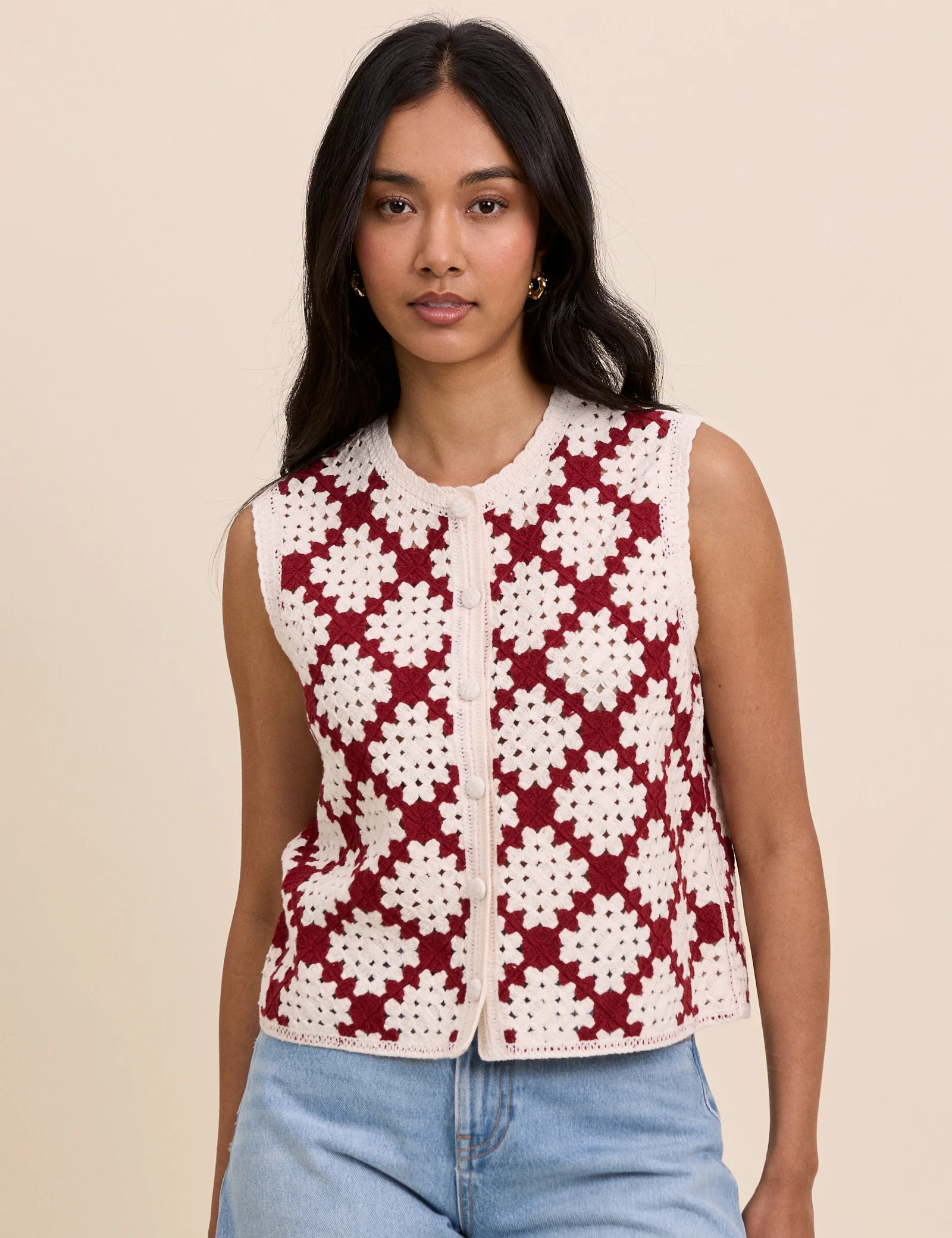 Red and White Crochet Button Through Top