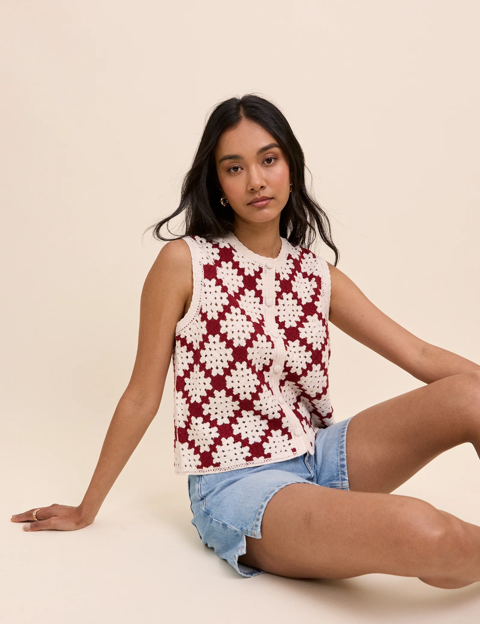 Red and White Crochet Button Through Top - Image 2