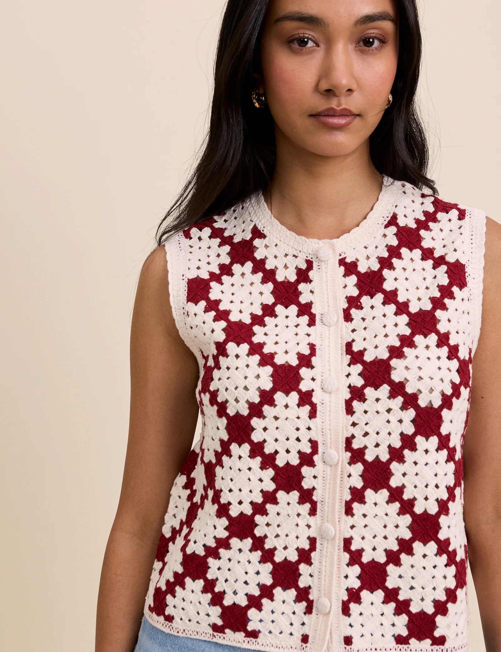 Red and White Crochet Button Through Top - Image 3