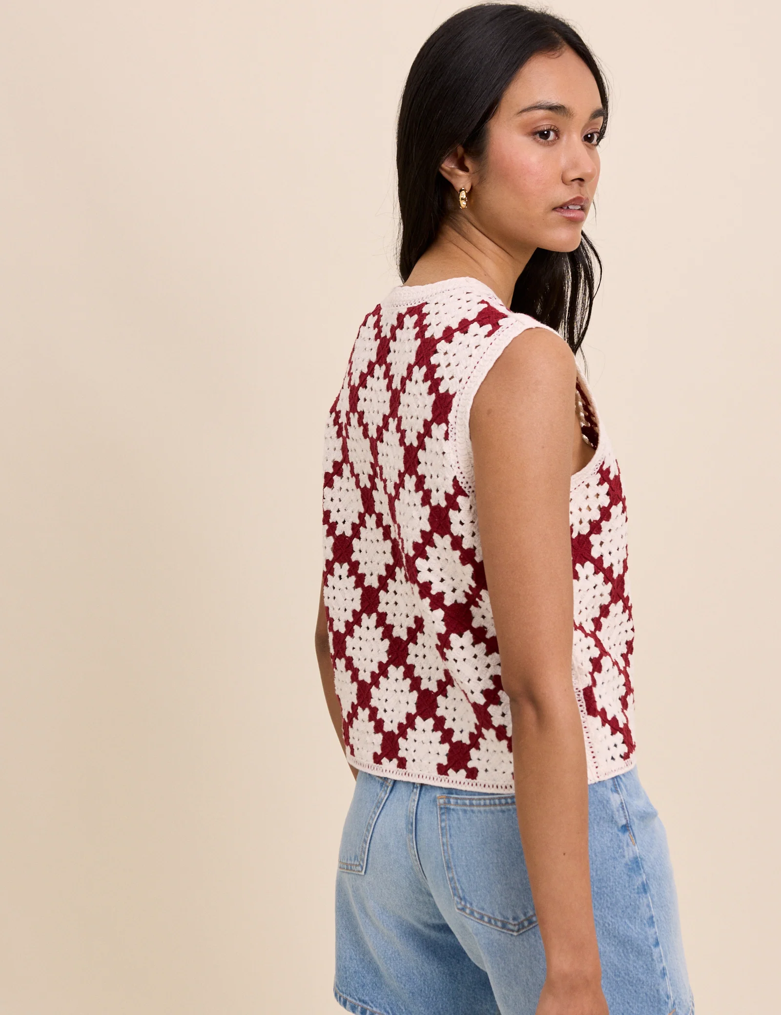 Red and White Crochet Button Through Top - Image 5
