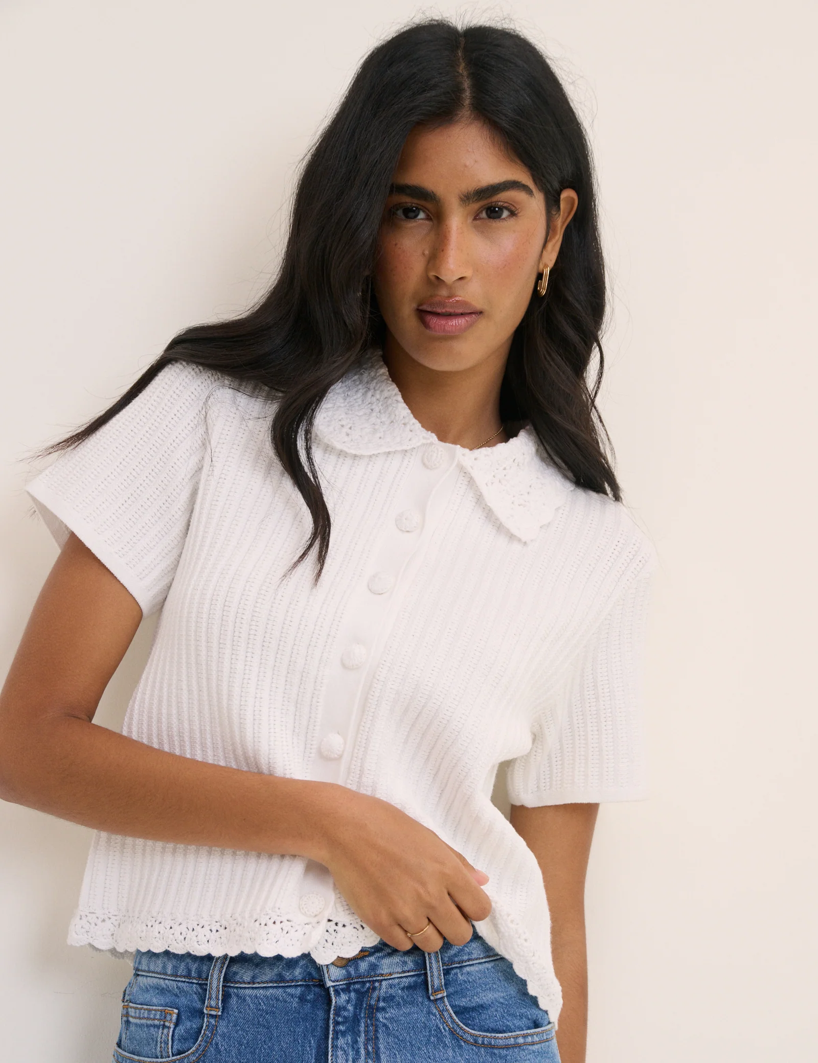 White Crochet Short Sleeve Cardigan - Image 3