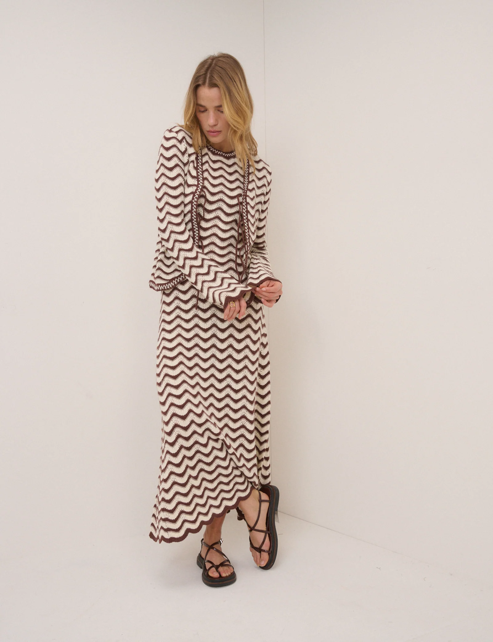 Cream And Brown Pointelle Knitted Midi Dress - Image 3