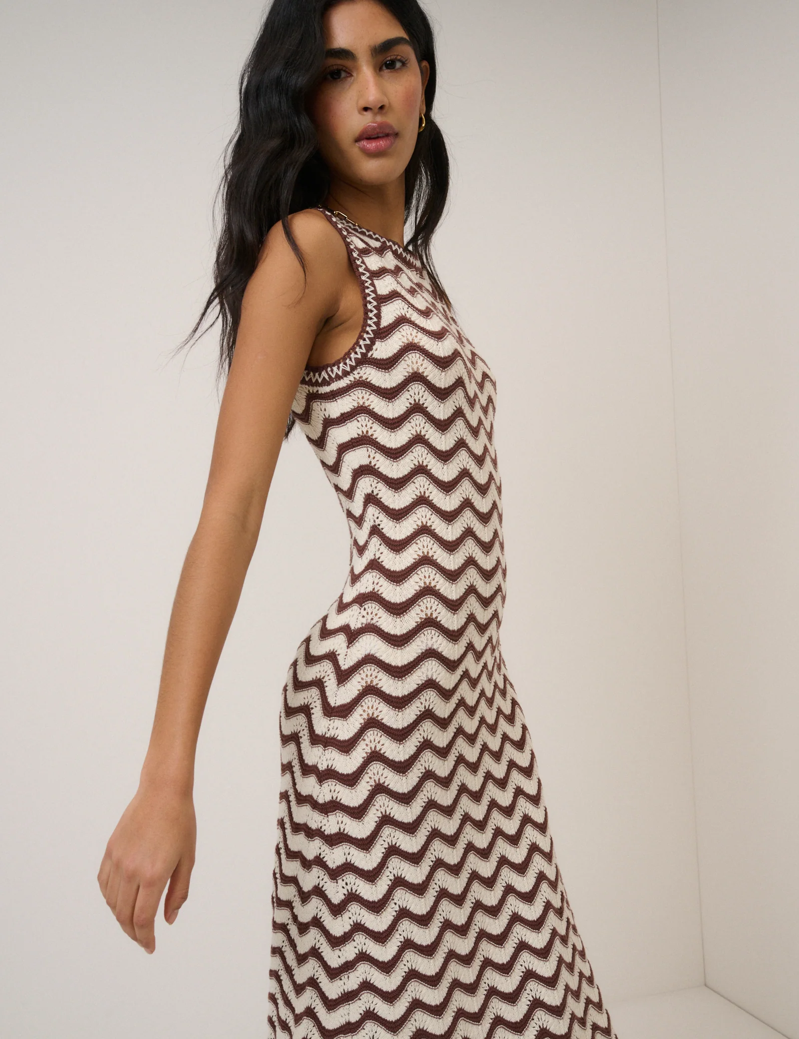 Cream And Brown Pointelle Knitted Midi Dress - Image 4