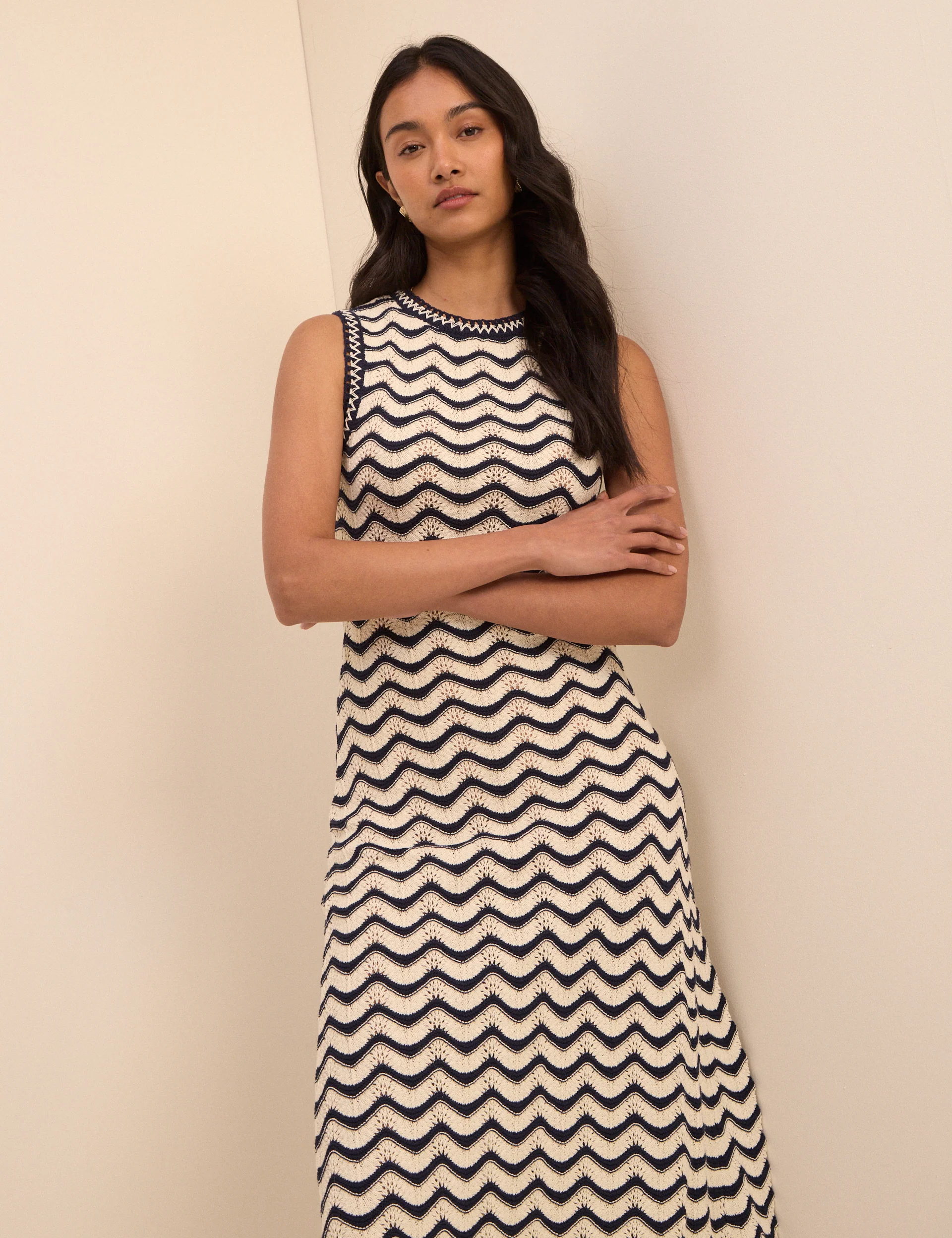 Navy and Cream Crochet Knitted Midi Dress - Image 4
