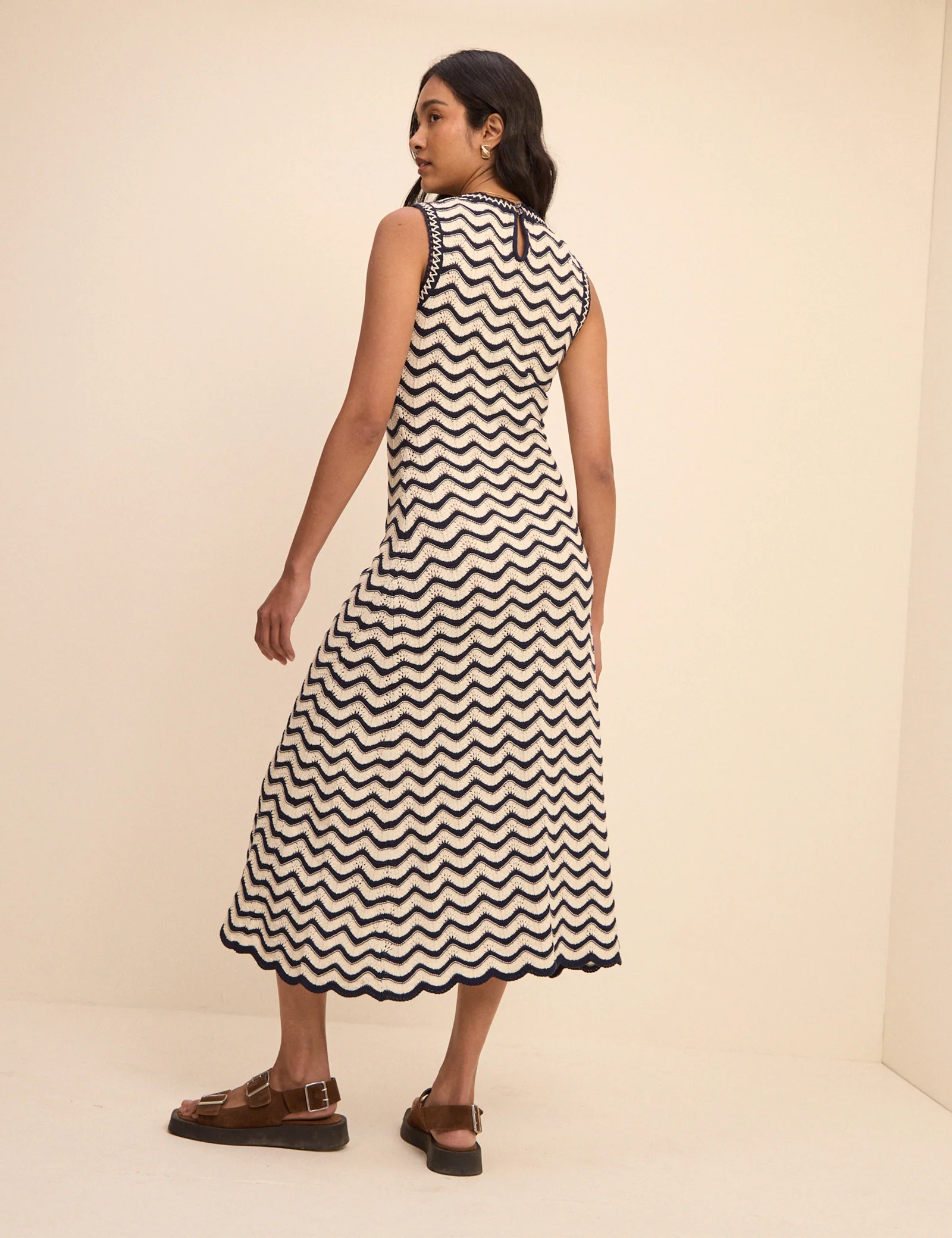Navy and Cream Crochet Knitted Midi Dress - Image 5