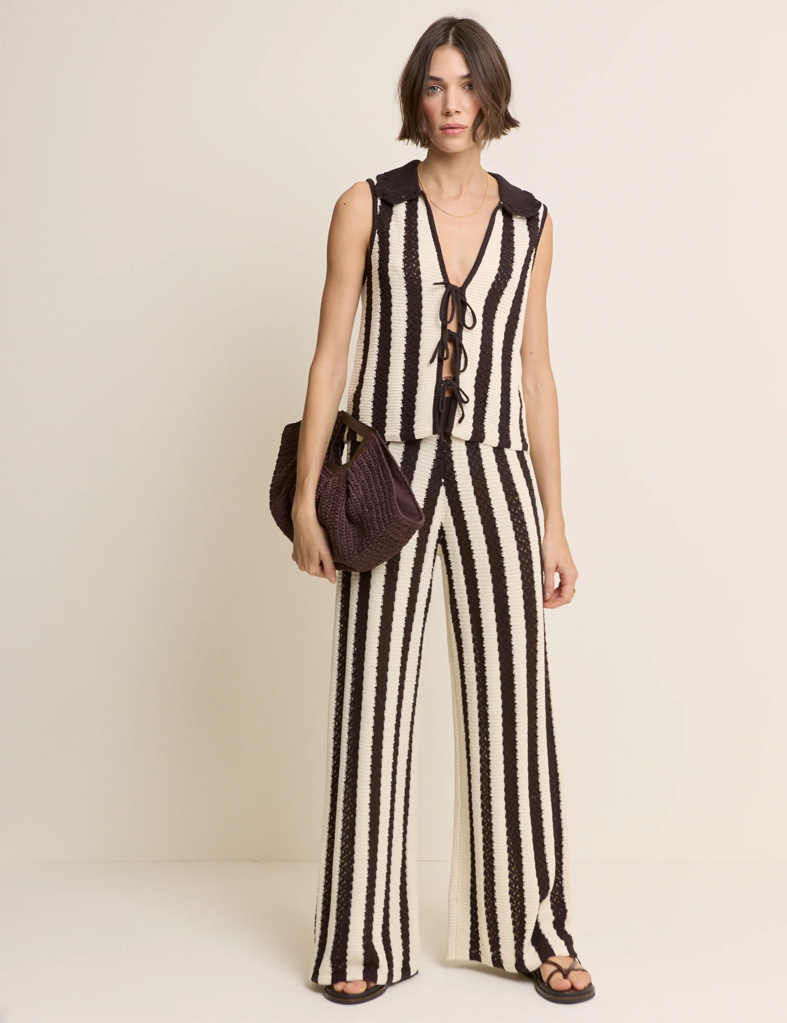 Brown And Cream Crochet Striped Trousers - Image 6