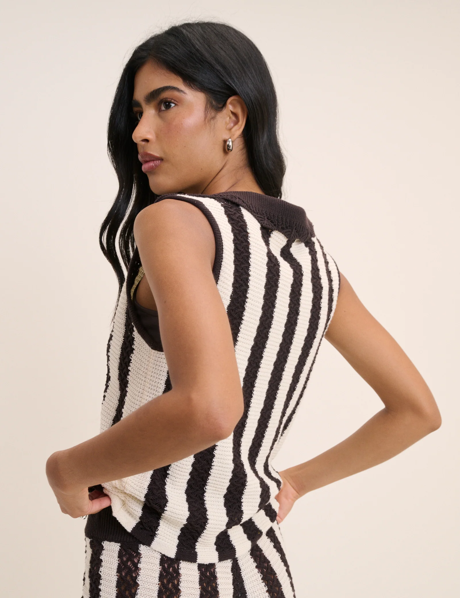 Brown and White Striped Crochet Tie Front Top - Image 5