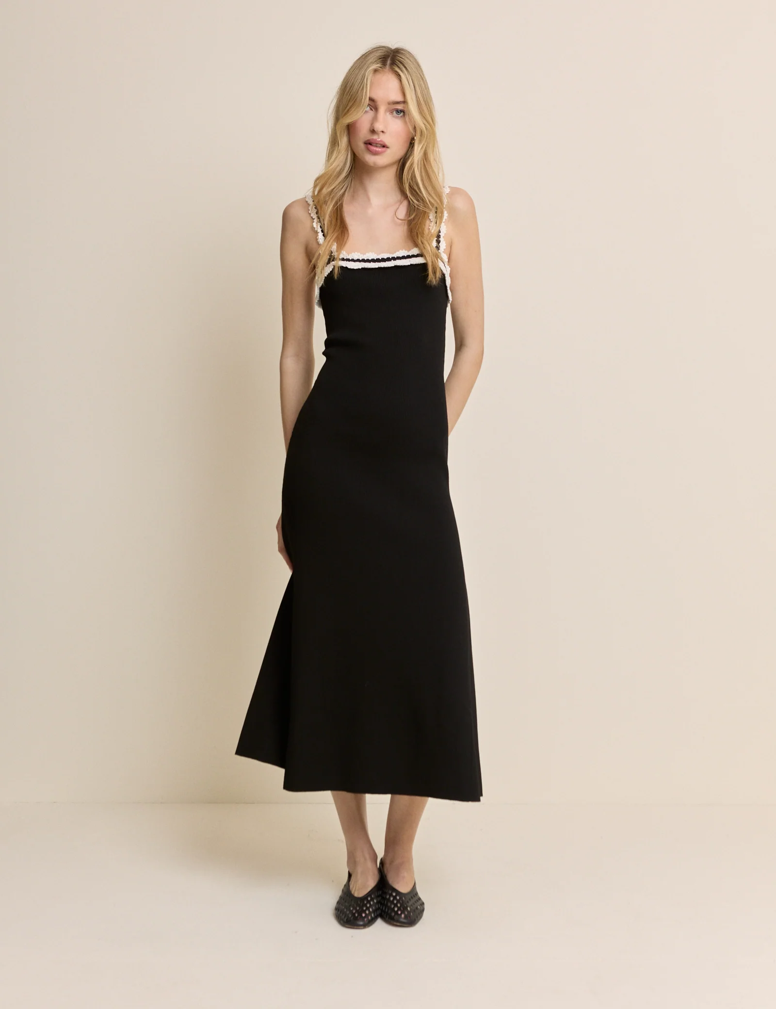 Black Crochet Trim Midi Dress
