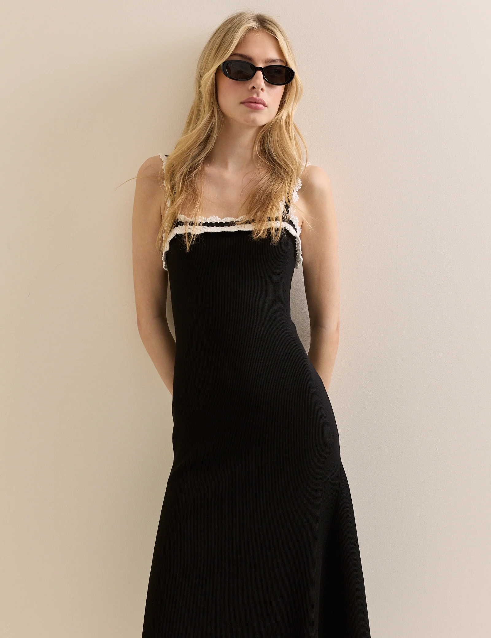 Black Crochet Trim Midi Dress - Image 3