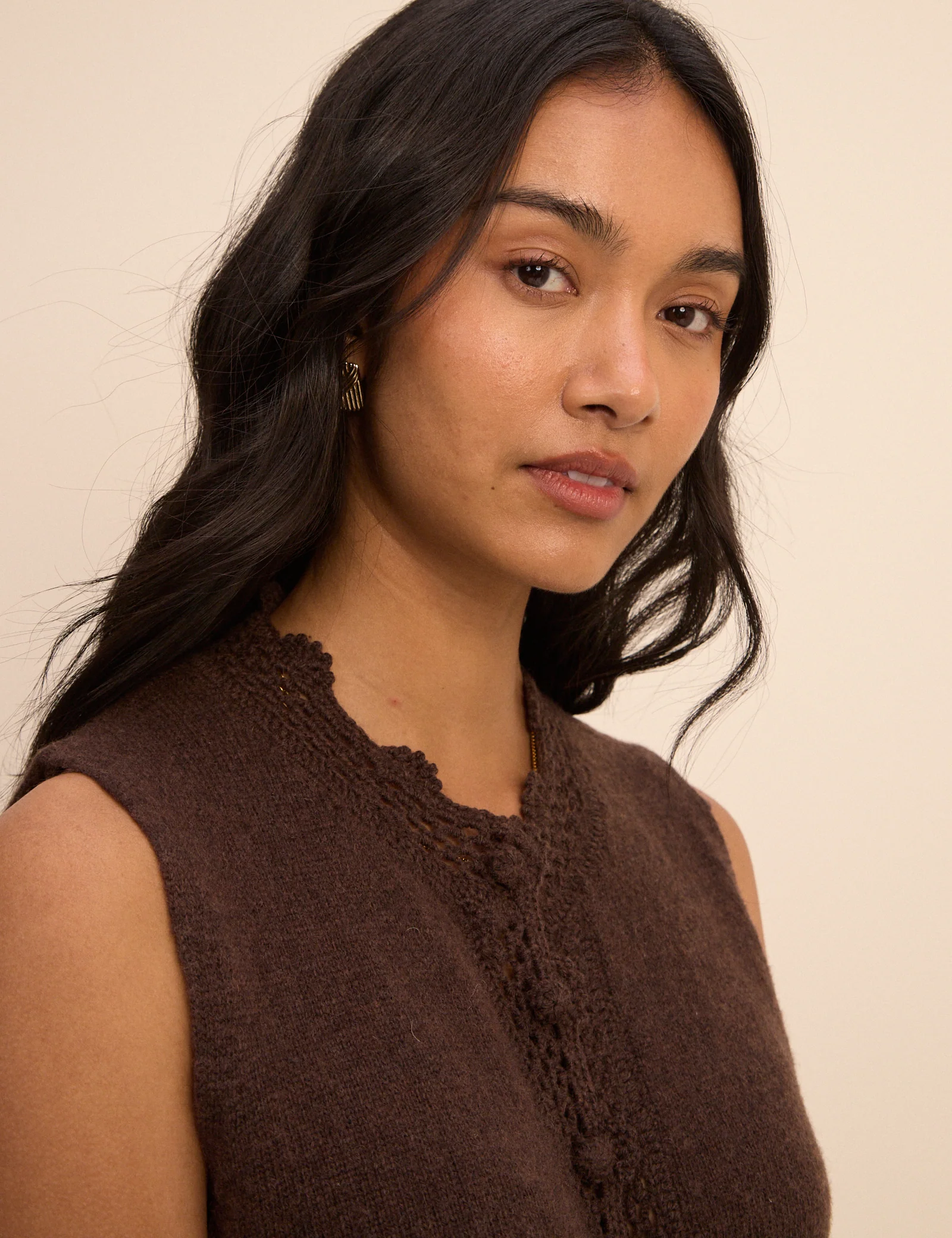 Brown Wool-Blend Crochet Trim Vest - Image 3