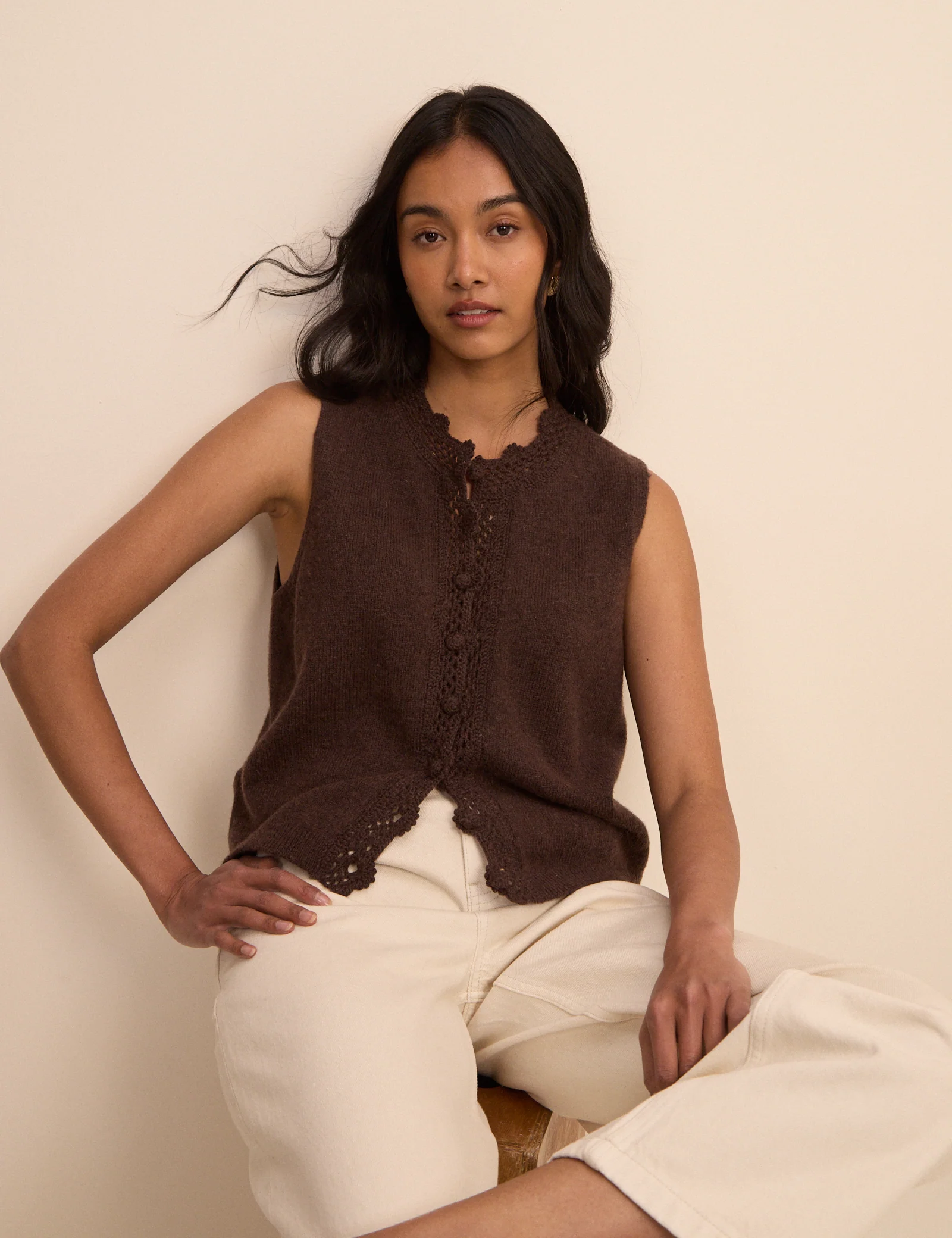 Brown Wool-Blend Crochet Trim Vest - Image 4