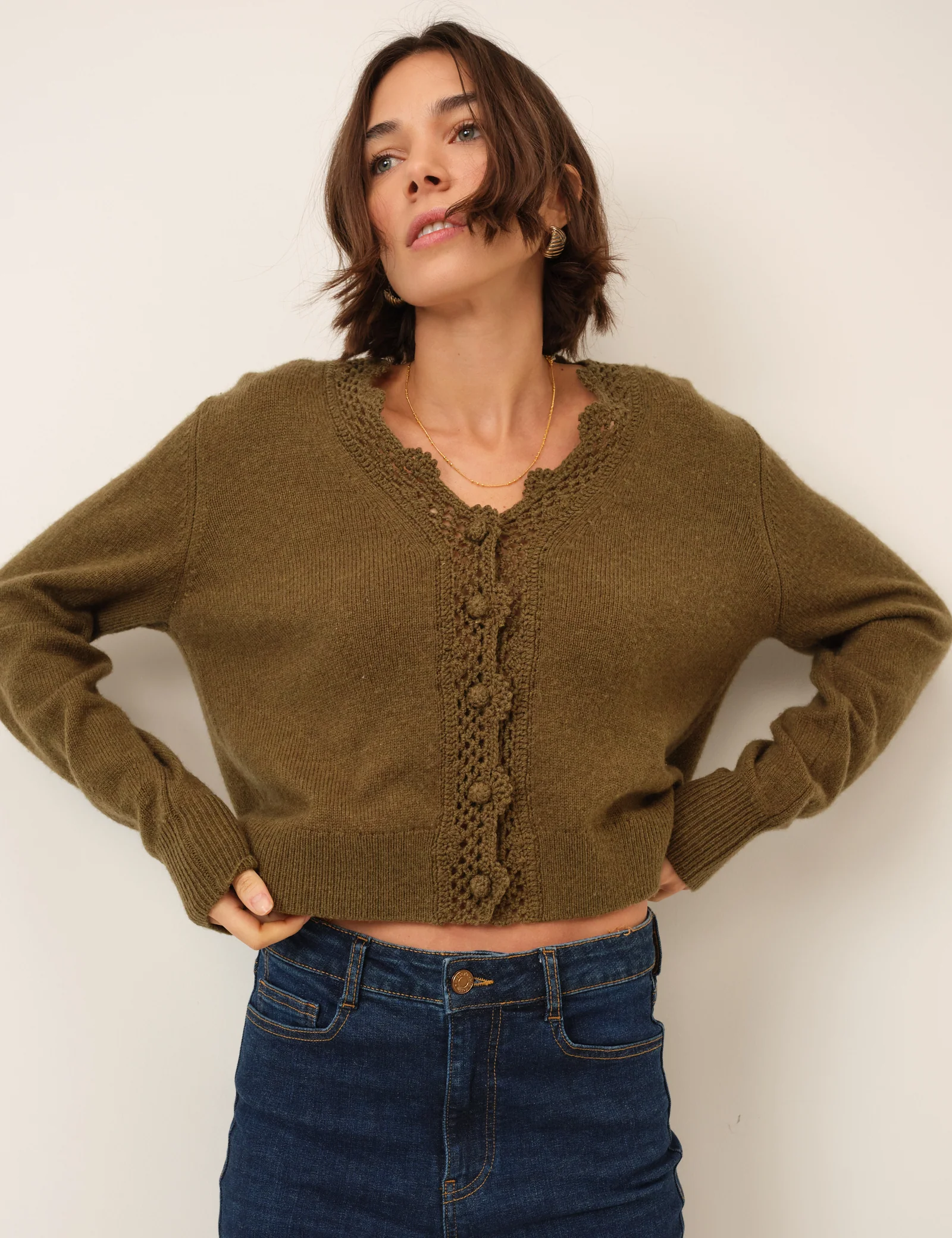 Khaki Wool Blend Crochet Trim V-Neck Cardigan