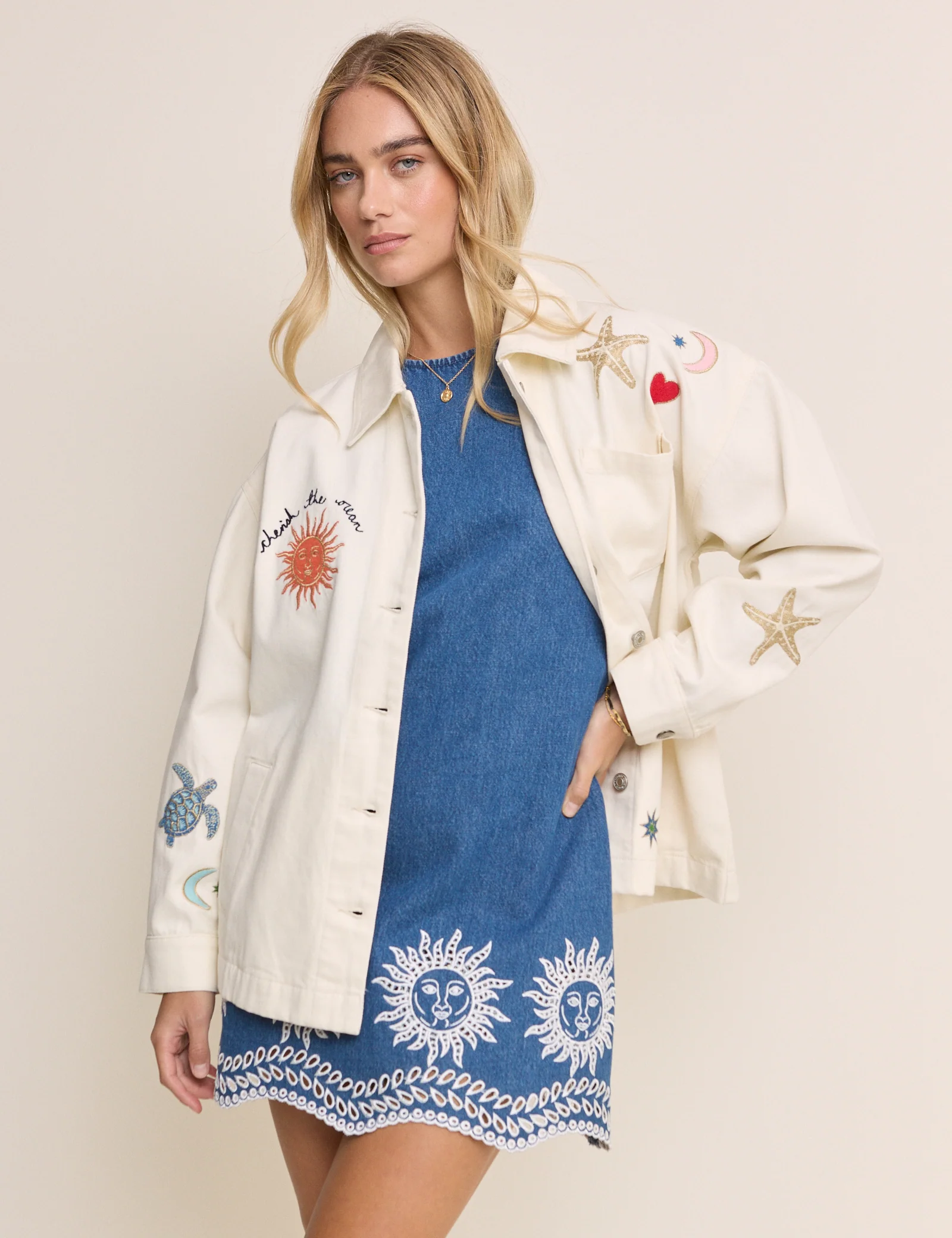 Mid Wash Embroidered Denim Mini Dress - Image 3