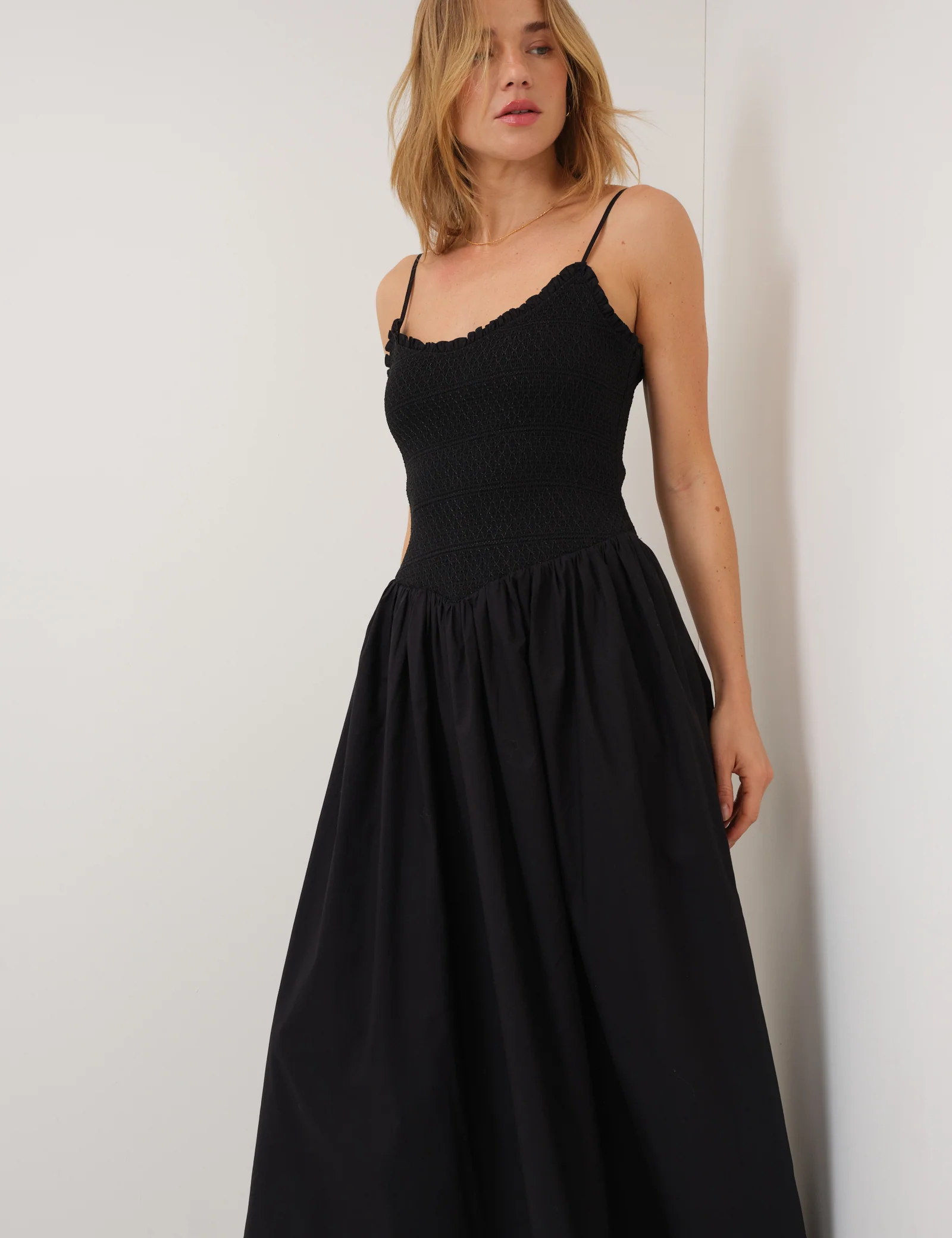 Black Shirred Drop Waist Daisy Midi Dress - Image 2