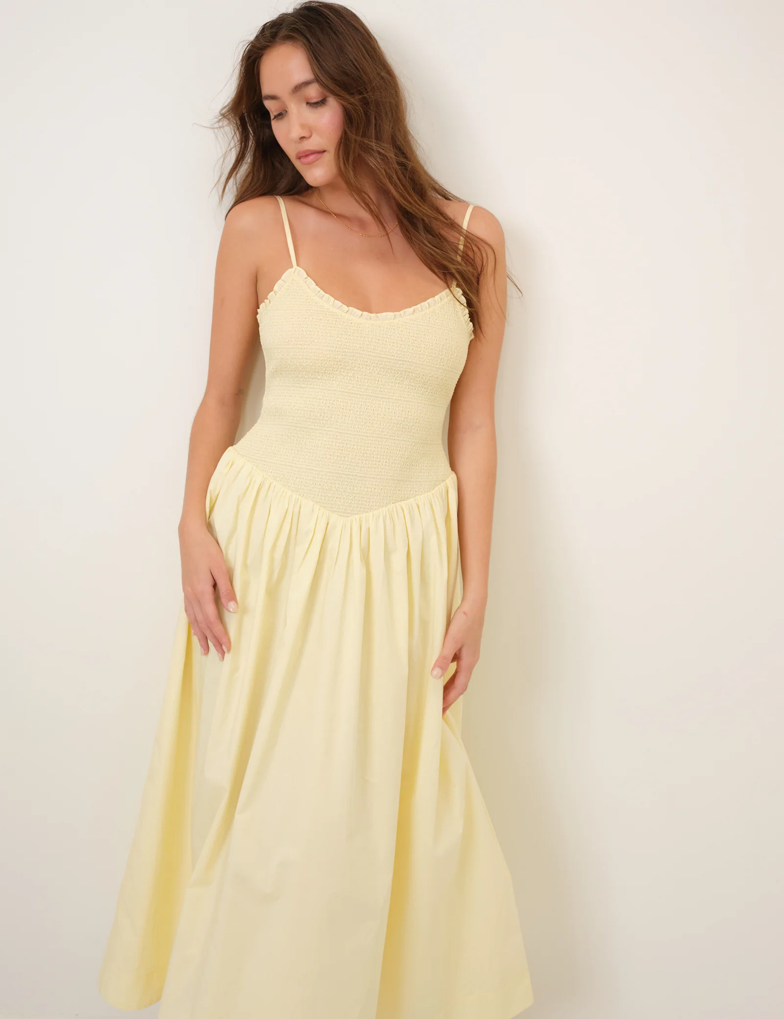 Butter Yellow Shirred Drop Waist Daisy Midi Dress - Image 2