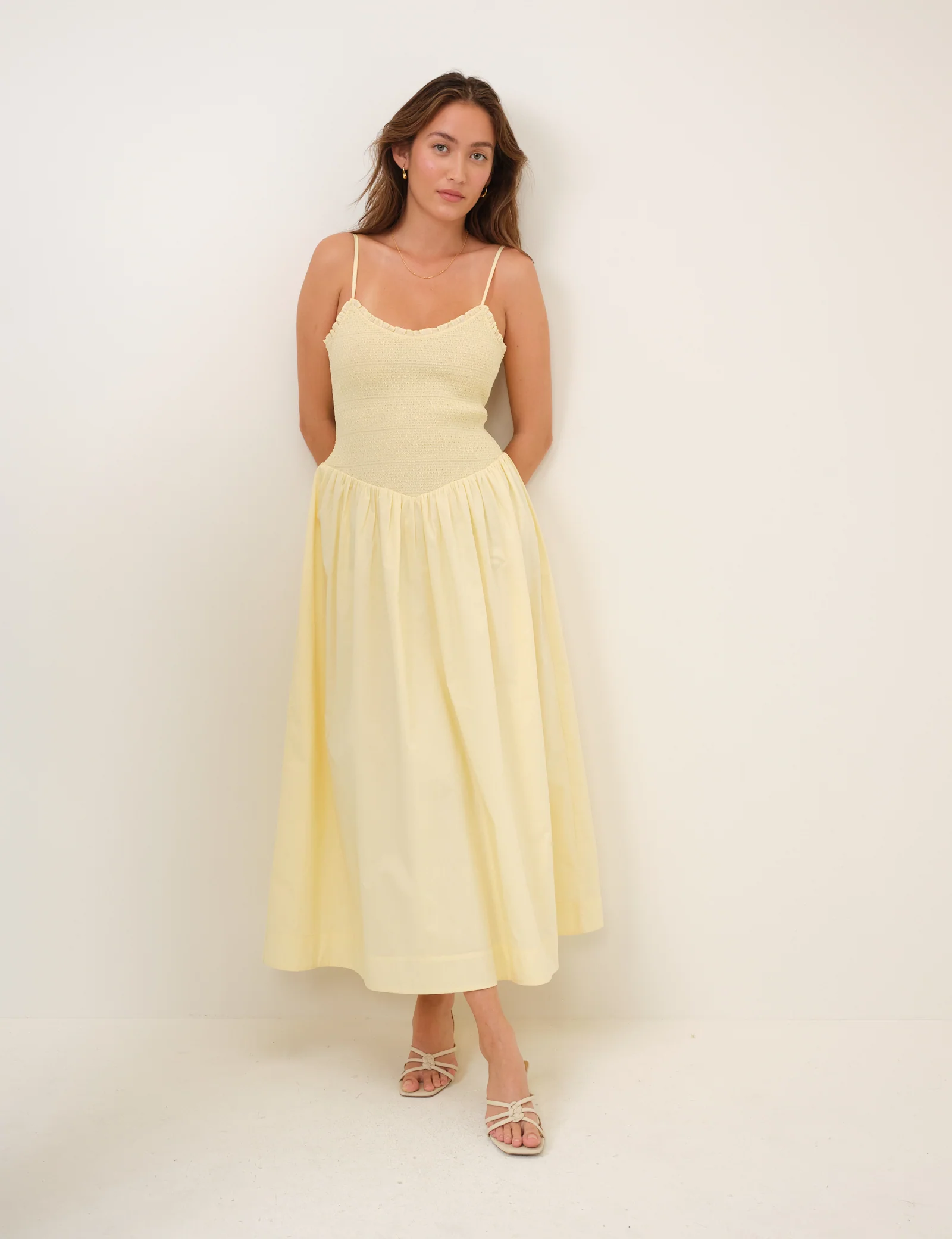 Butter Yellow Shirred Drop Waist Daisy Midi Dress - Image 3