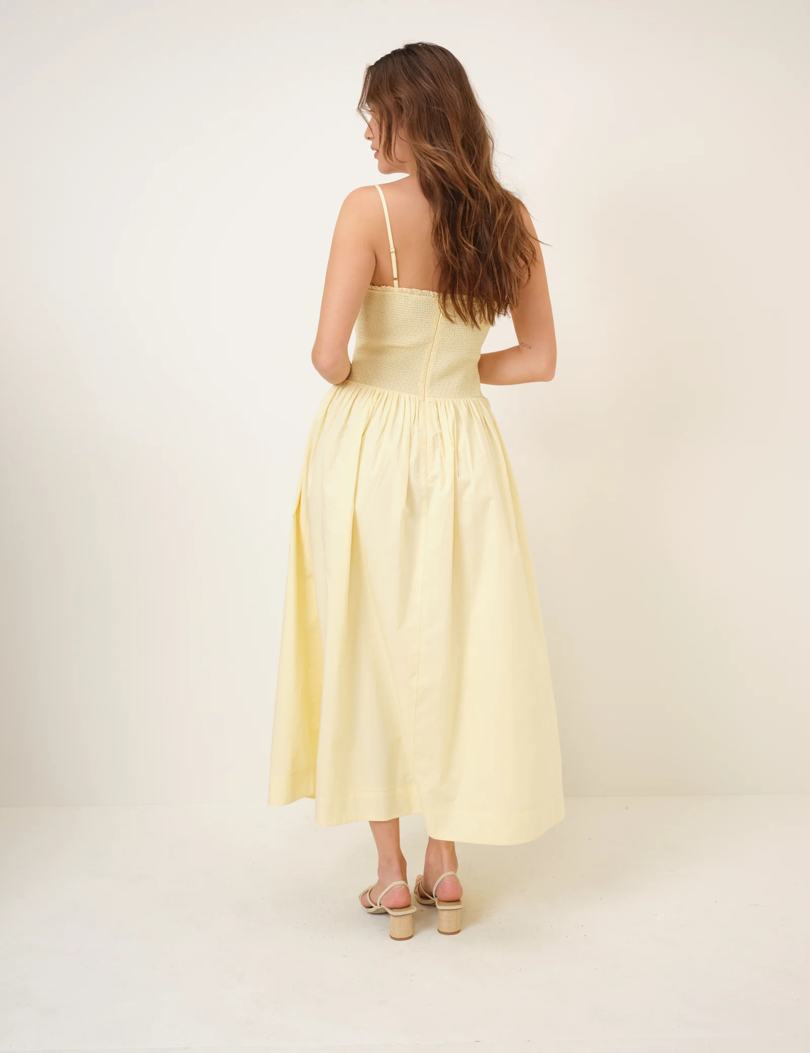 Butter Yellow Shirred Drop Waist Daisy Midi Dress - Image 5