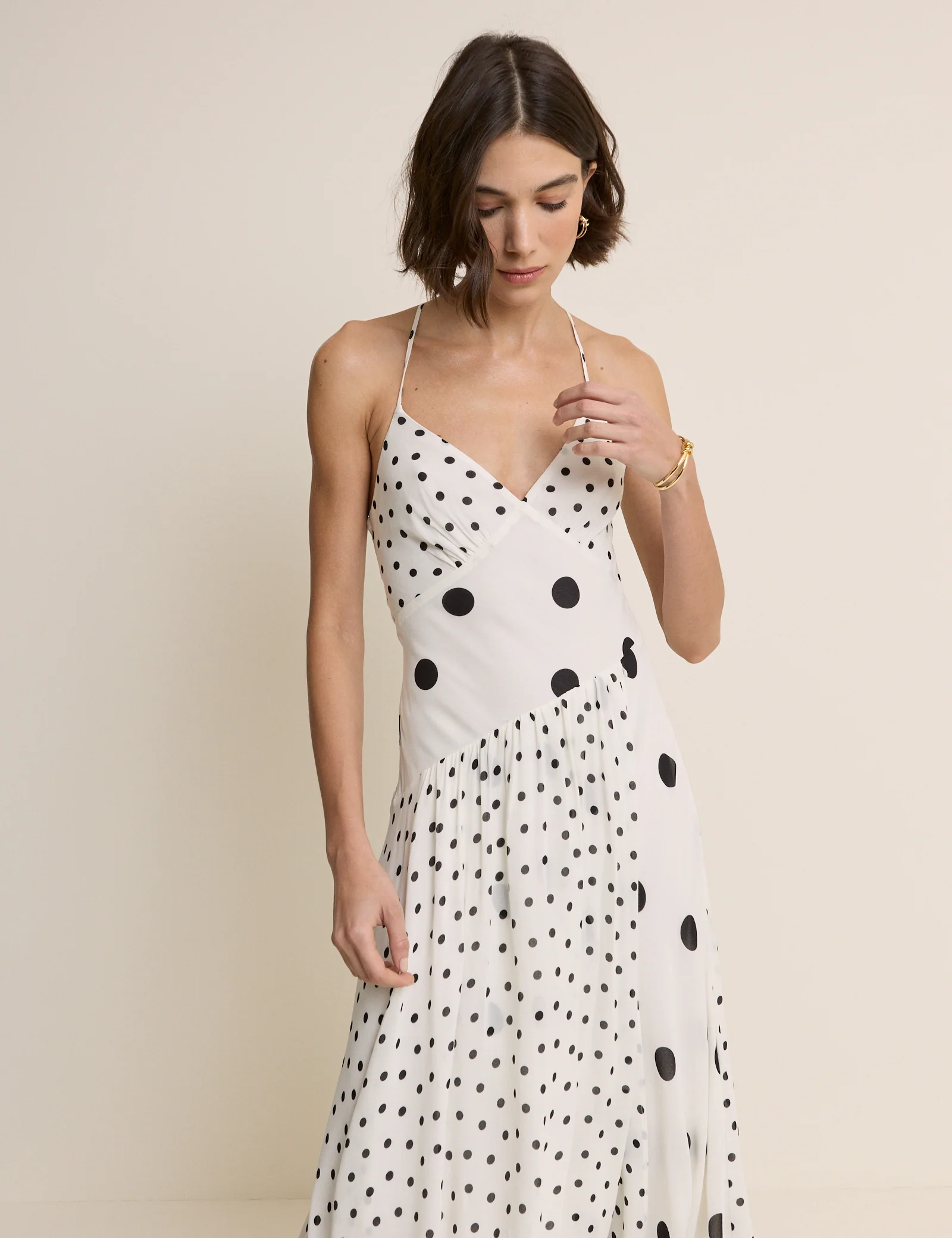 White Polka Dot Asymmetrical Dani Midi Dress - Image 2