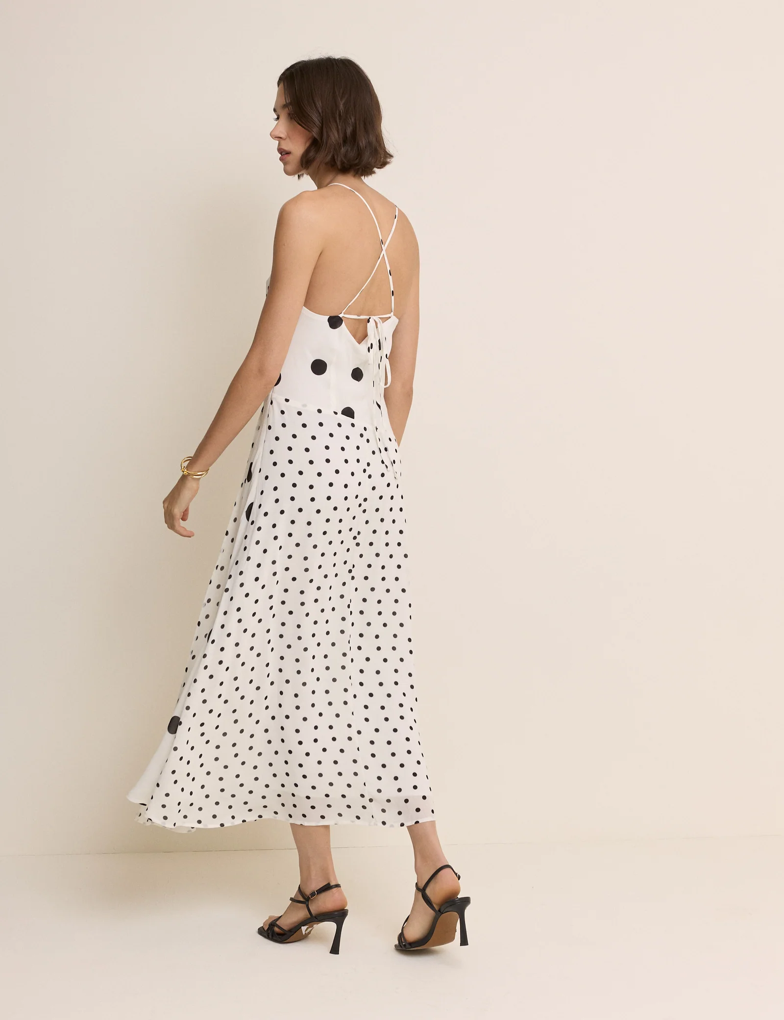 White Polka Dot Asymmetrical Dani Midi Dress - Image 3