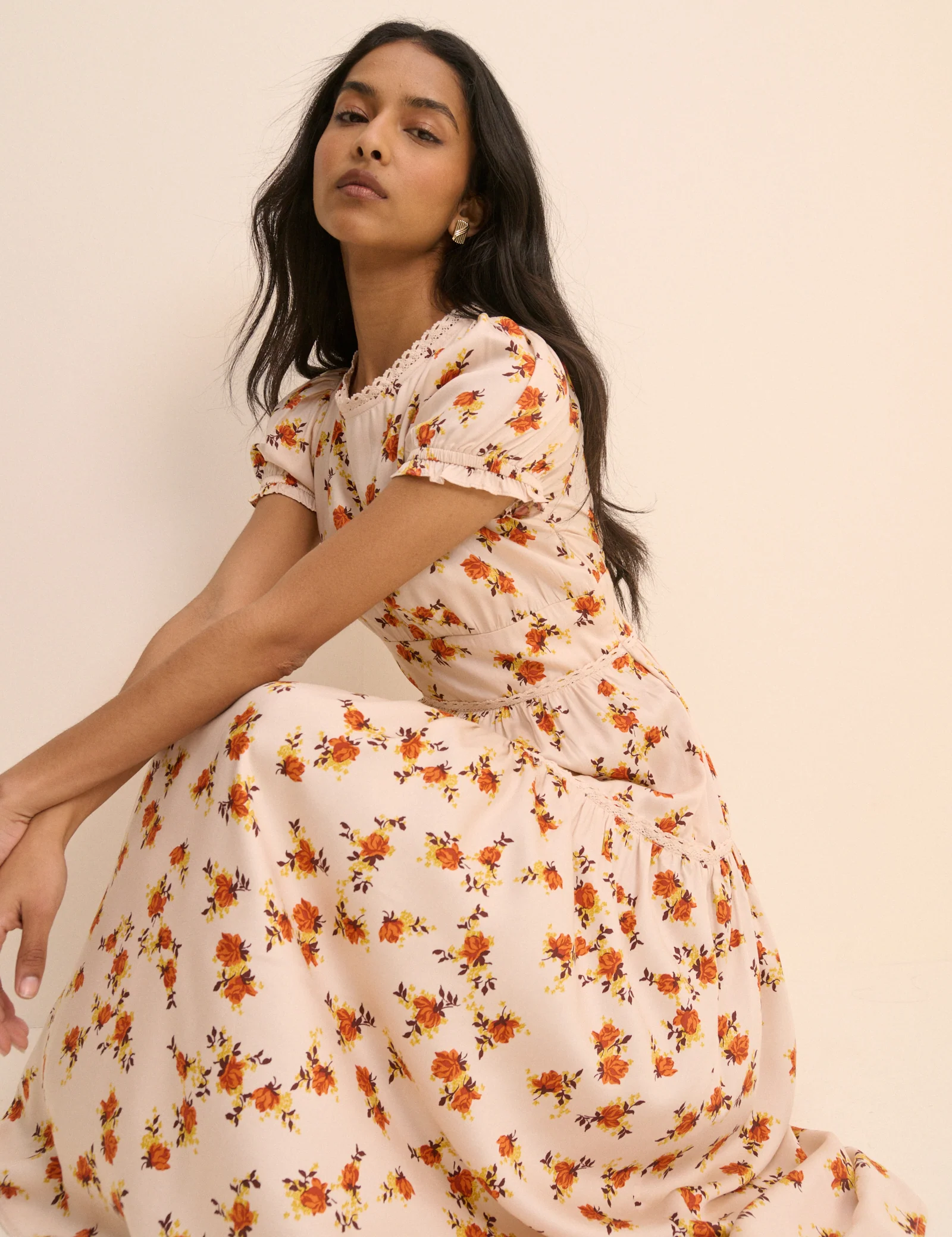 Cream Ditsy Floral Tiered Dara Midi Dress - Image 4
