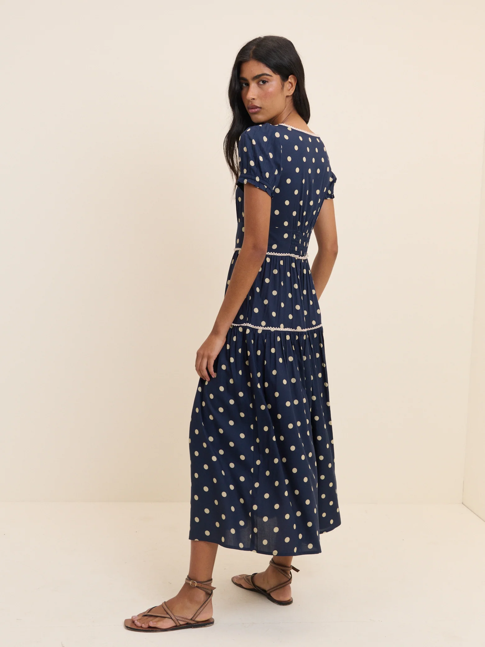 Navy Polka Dot Tiered Dara Midi Dress - Image 5