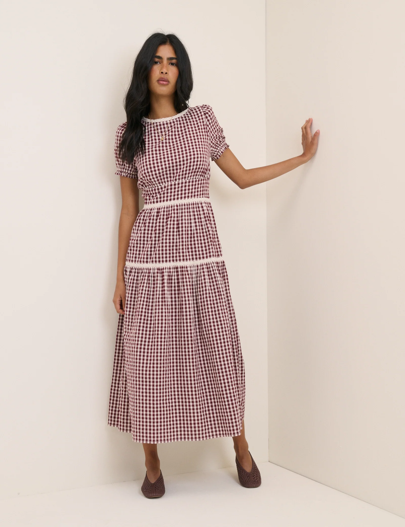 Burgundy Floral Lace Trim Dara Midi Dress