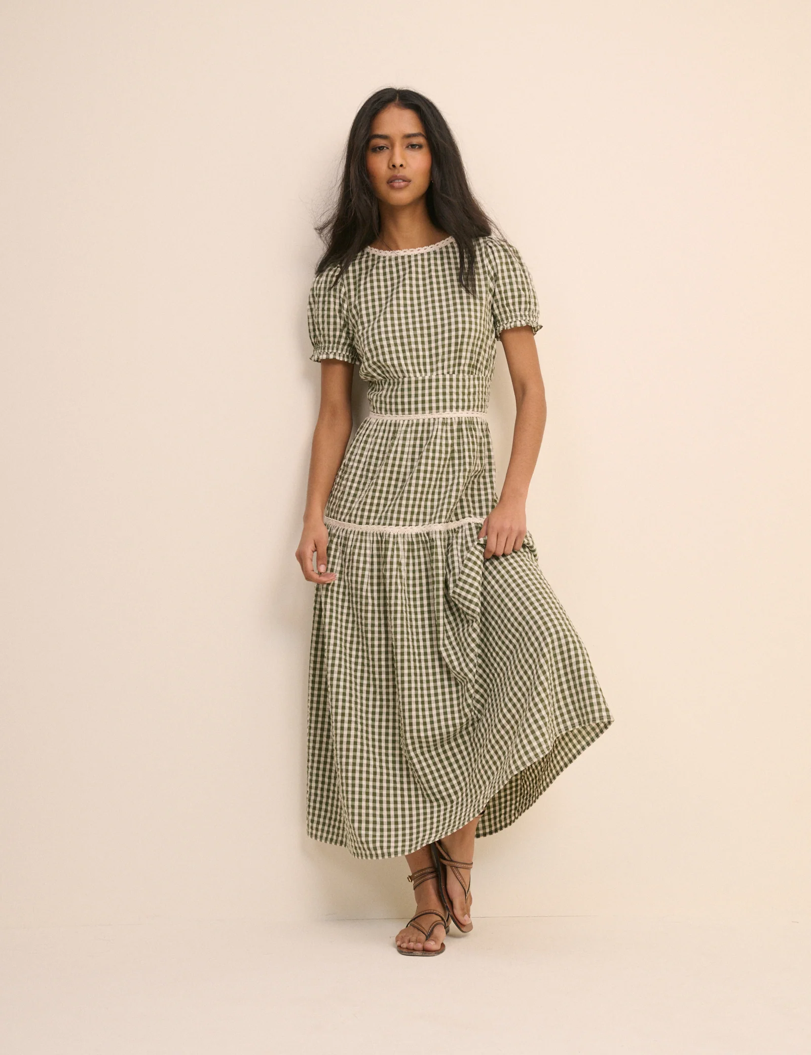 Green Gingham Lace Trim Dara Midi Dress