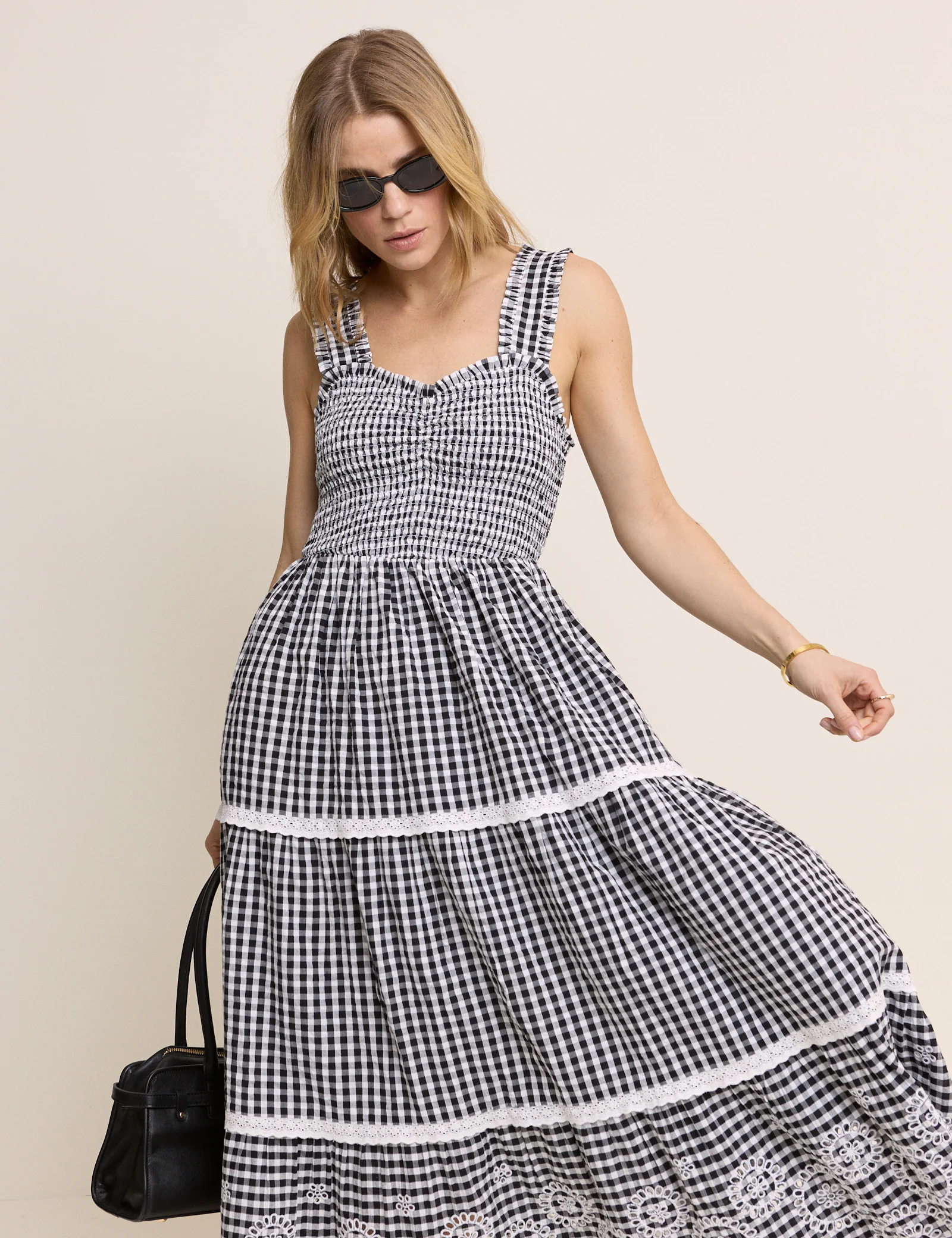 Black Gingham Shirred Tiered Darla Maxi Dress - Image 3