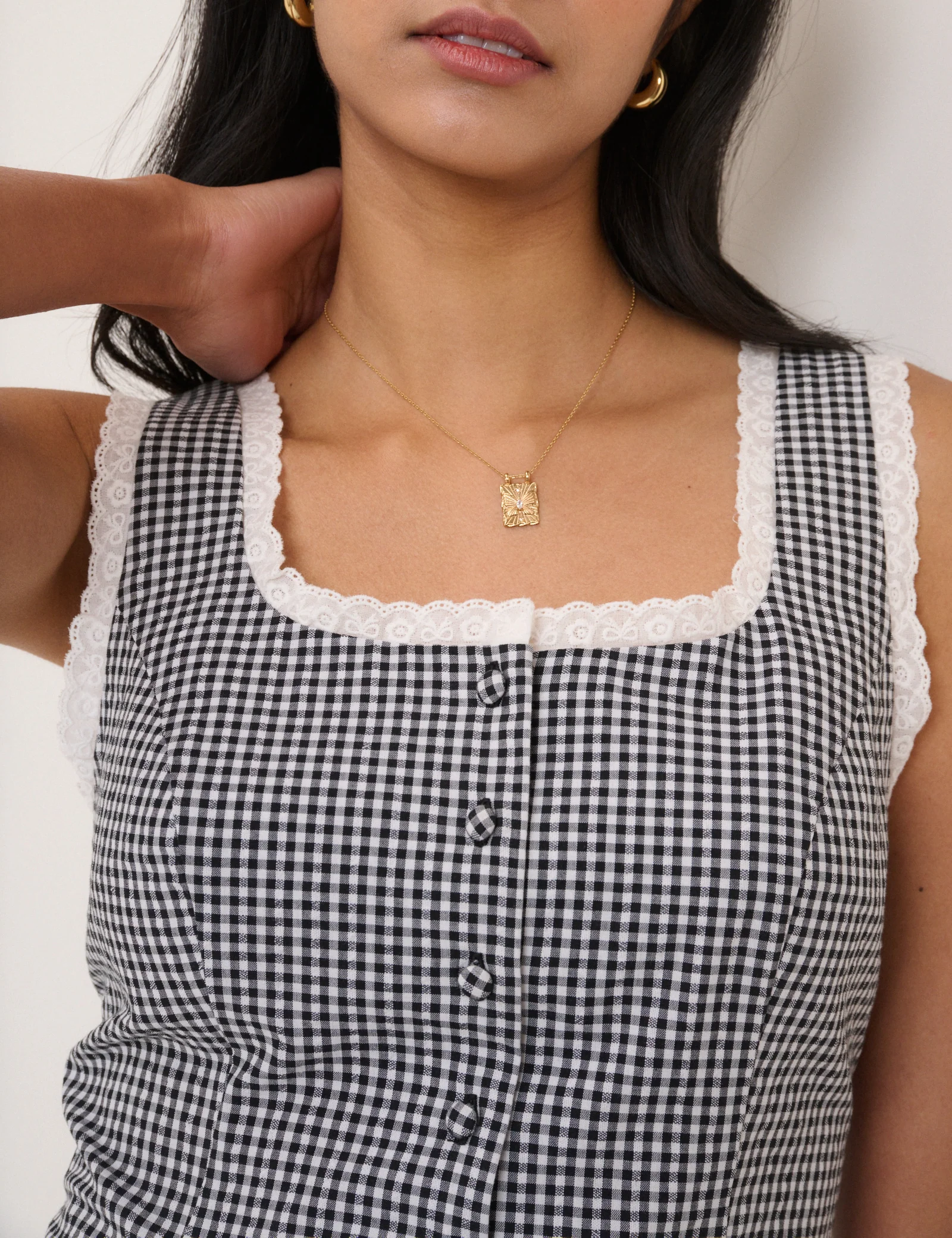 Black Gingham Lace Trim Button Down Top - Image 4