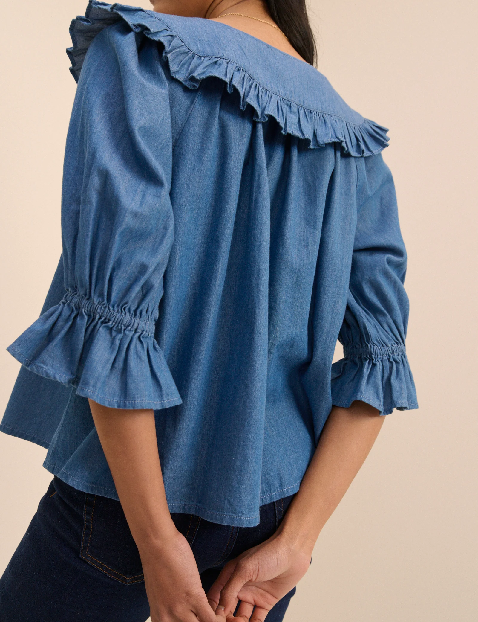 Mid Blue Denim Floral Short Sleeve Blouse - Image 5