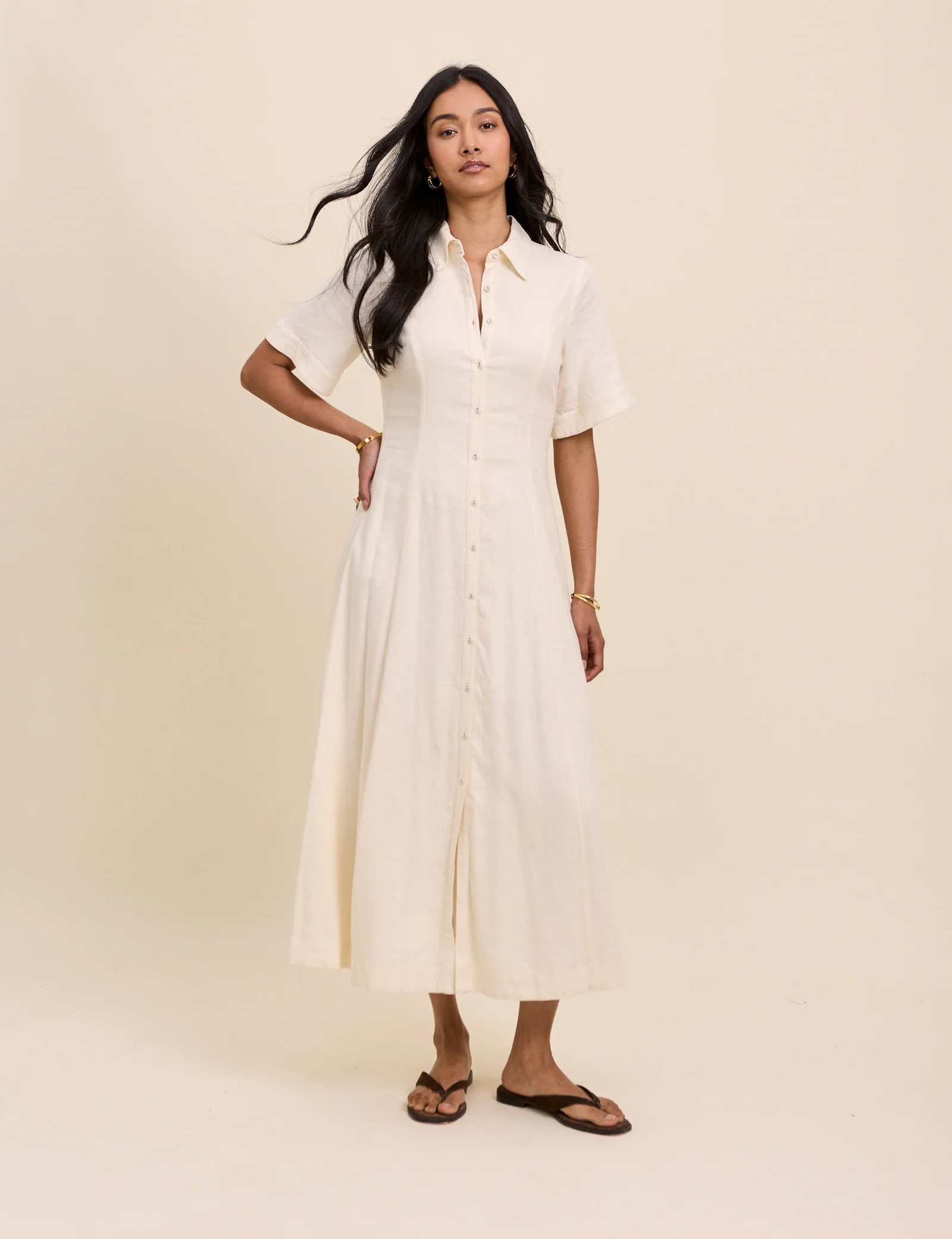 Cream Linen-Blend Dillon Shirt Dress