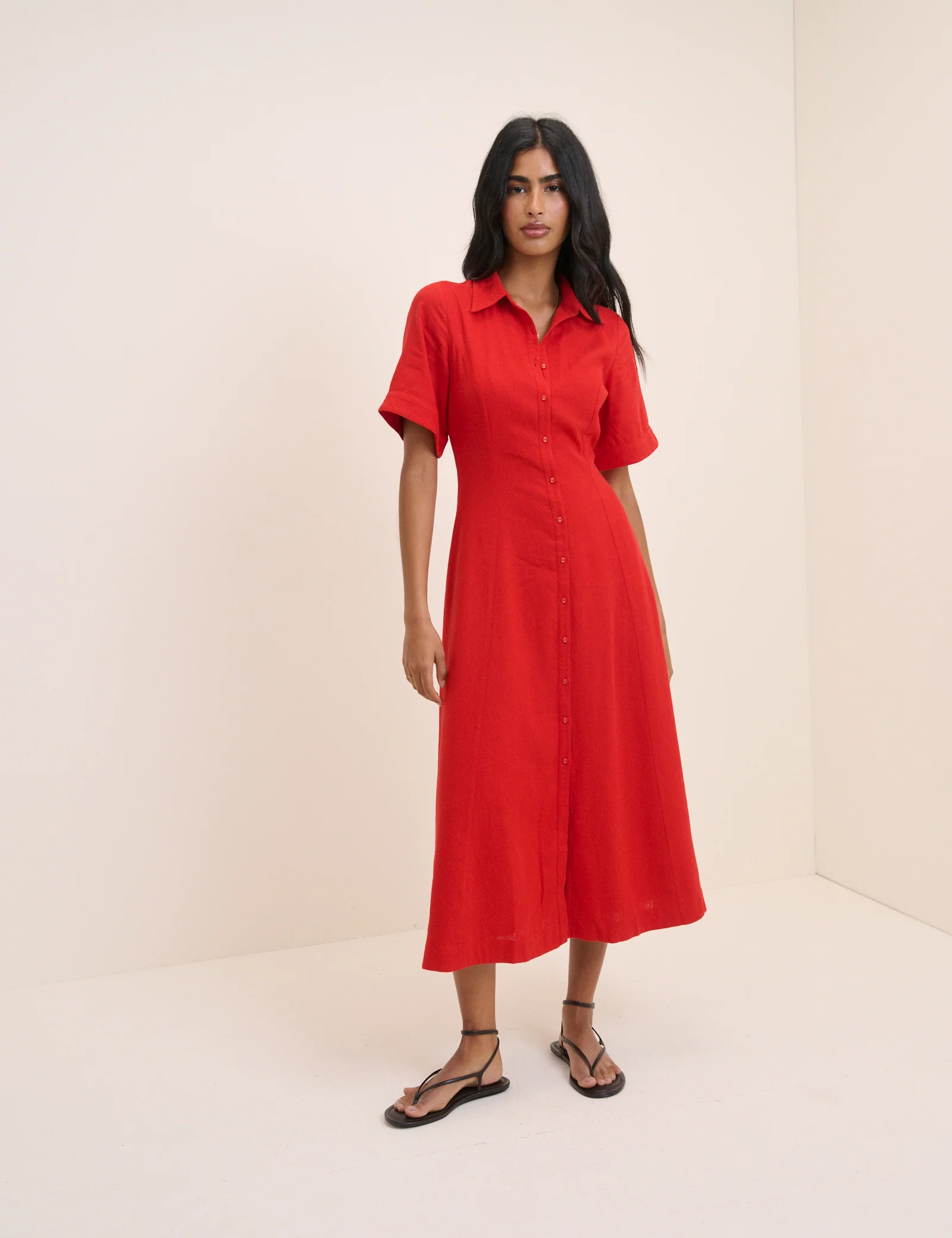 Red Linen-Blend Dillon Shirt Dress - Image 3