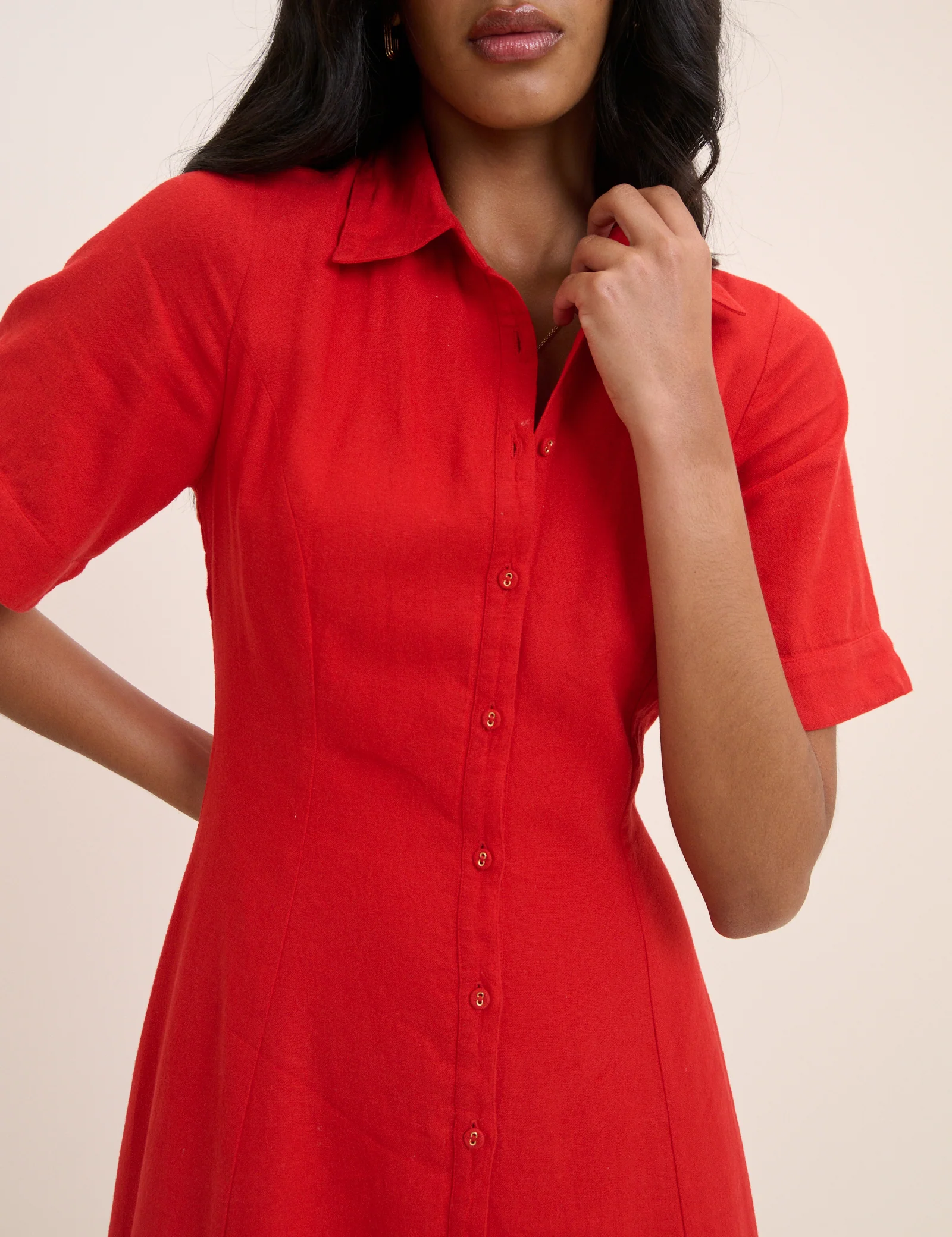 Red Linen-Blend Dillon Shirt Dress - Image 4