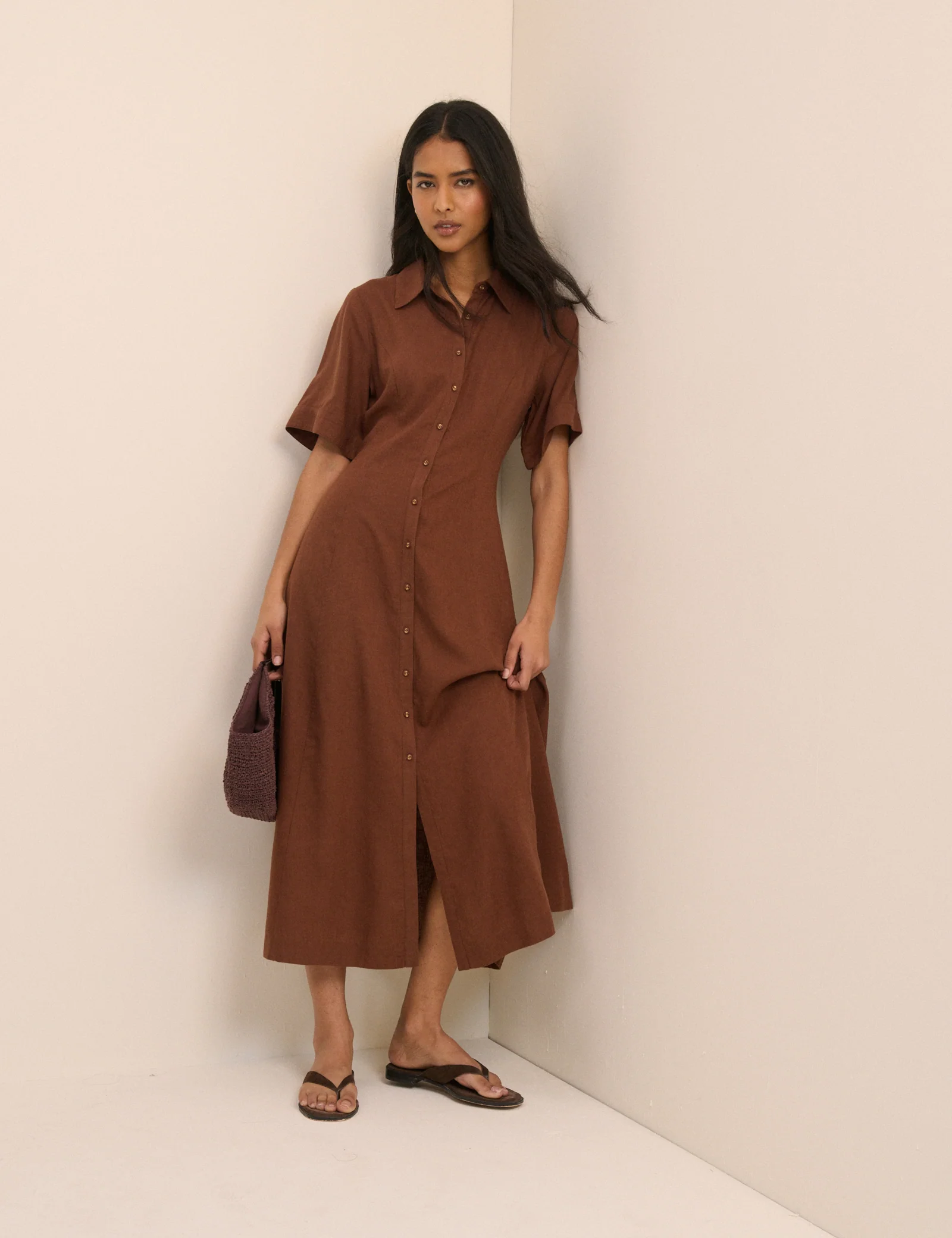 Brown Short Sleeve Linen-Blend Dillon Shirt Dress
