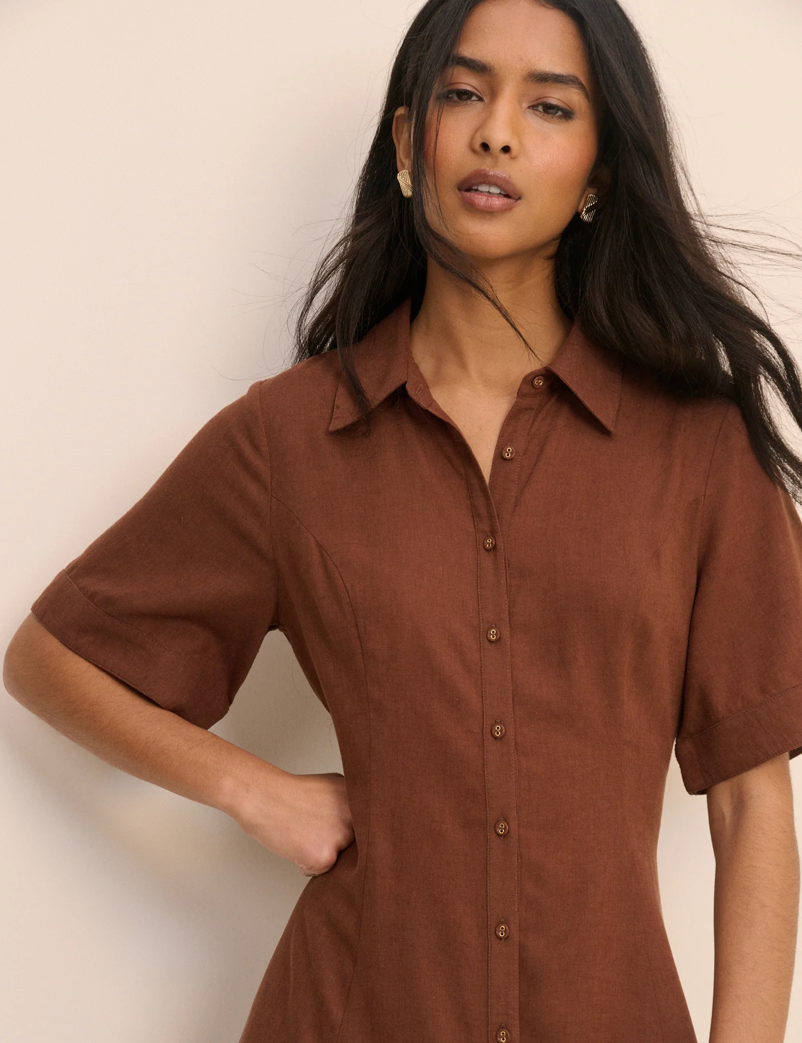 Brown Short Sleeve Linen-Blend Dillon Shirt Dress - Image 2