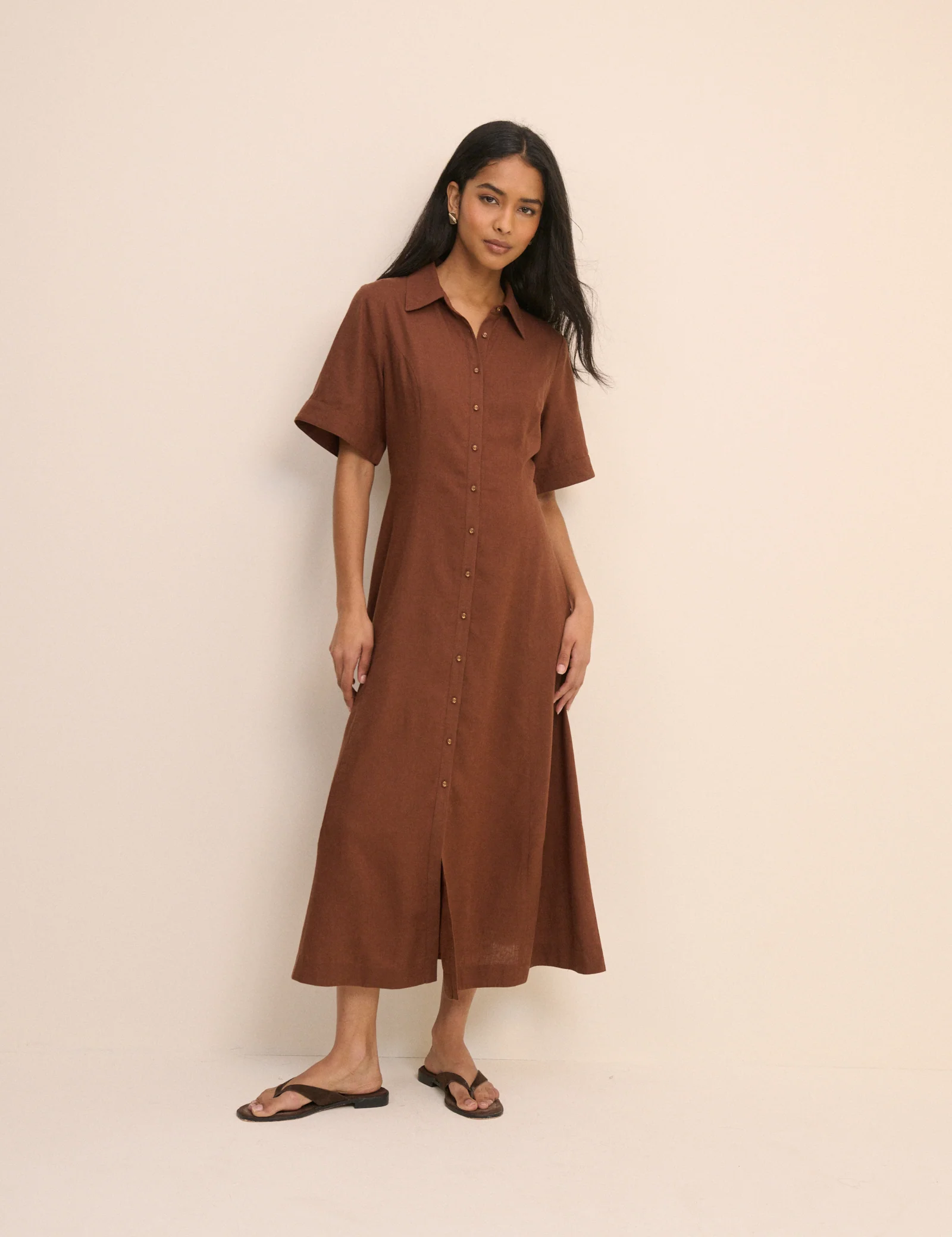 Brown Short Sleeve Linen-Blend Dillon Shirt Dress - Image 3
