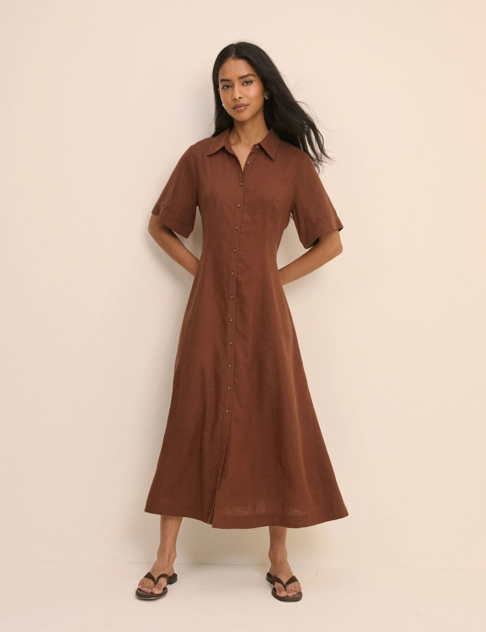 Brown Short Sleeve Linen-Blend Dillon Shirt Dress - Image 5